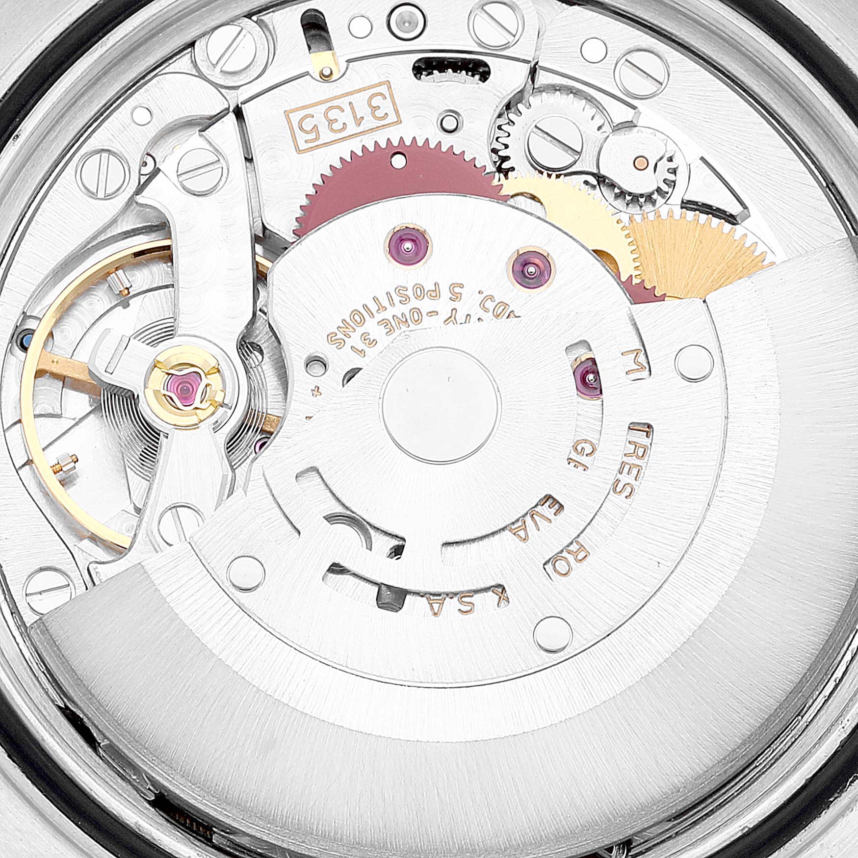 The image shows the movement or mechanism of a Rolex Datejust 16233 Men's Steel and Gold (two tone) Silver Dial 16233 Men's Steel and Gold (two tone) Silver Dial watch from a close-up angle.