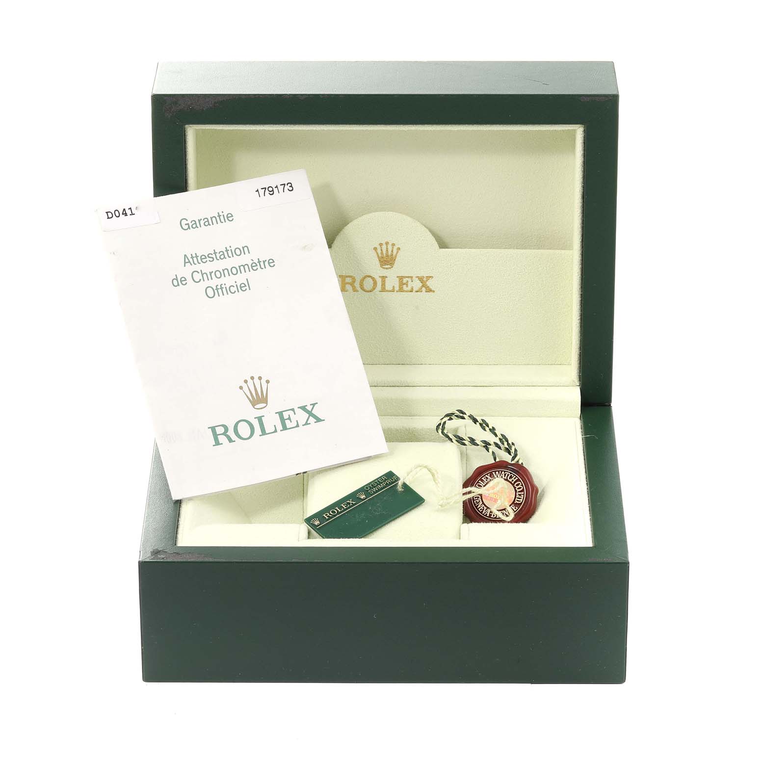 The image shows the open box of a Rolex Datejust 179173 Women's Steel and Gold (two tone) Grey Dial 179173 Women's Steel and Gold (two tone) Grey Dial watch with accompanying warranty and certification documents.