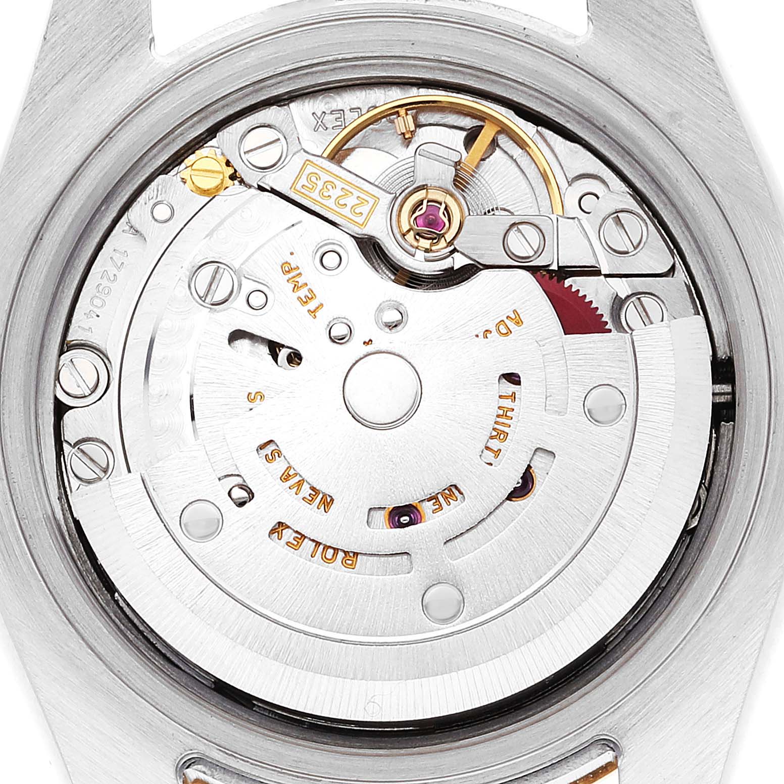 This image shows a close-up, top-down view of the movement mechanism inside a Rolex Datejust 179173 Women's Steel and Gold (two tone) Grey Dial 179173 Women's Steel and Gold (two tone) Grey Dial watch.