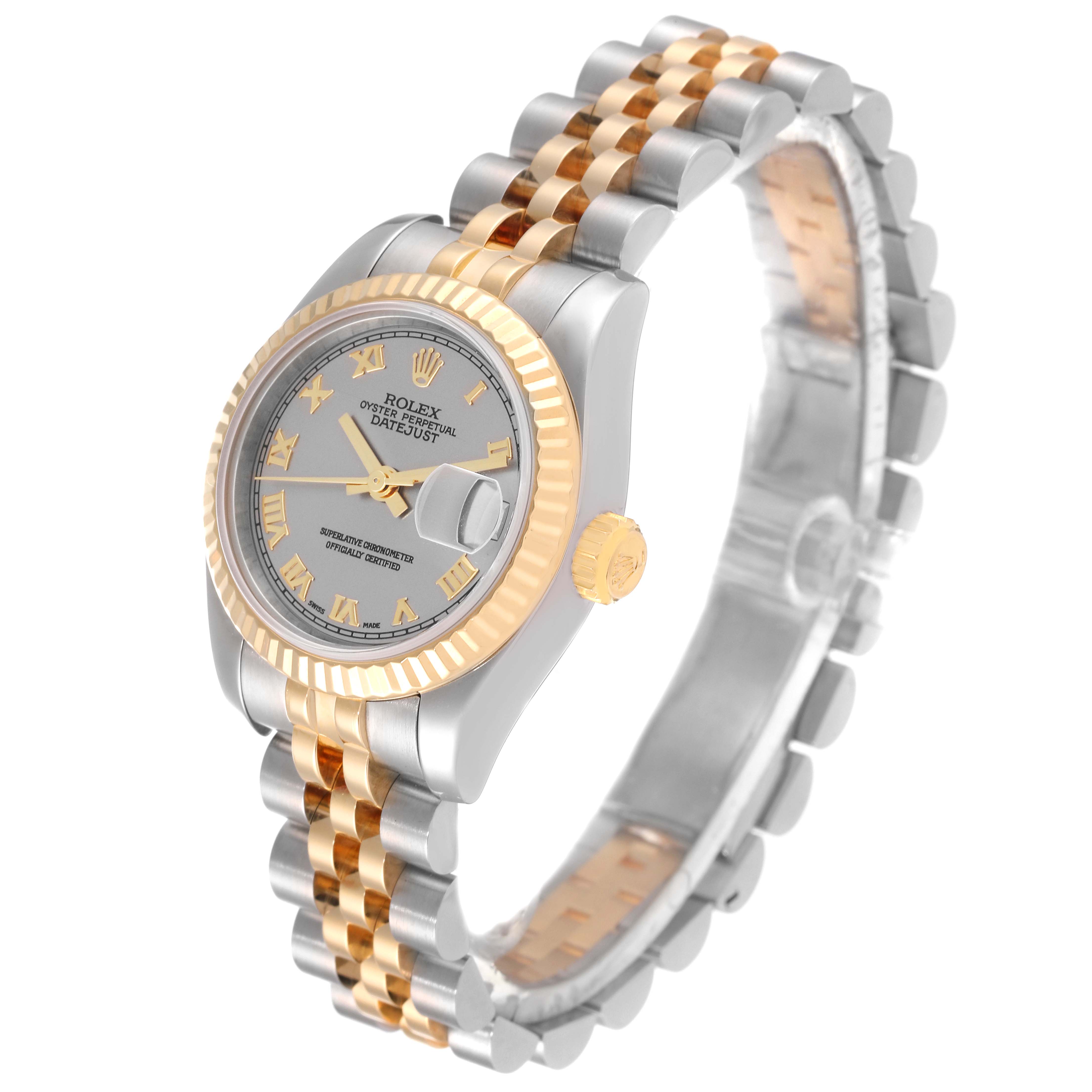 This image shows a Rolex Datejust 179173 Women's Steel and Gold (two tone) Grey Dial 179173 Women's Steel and Gold (two tone) Grey Dial watch at a slight angle, featuring the face, bezel, and part of the bracelet.