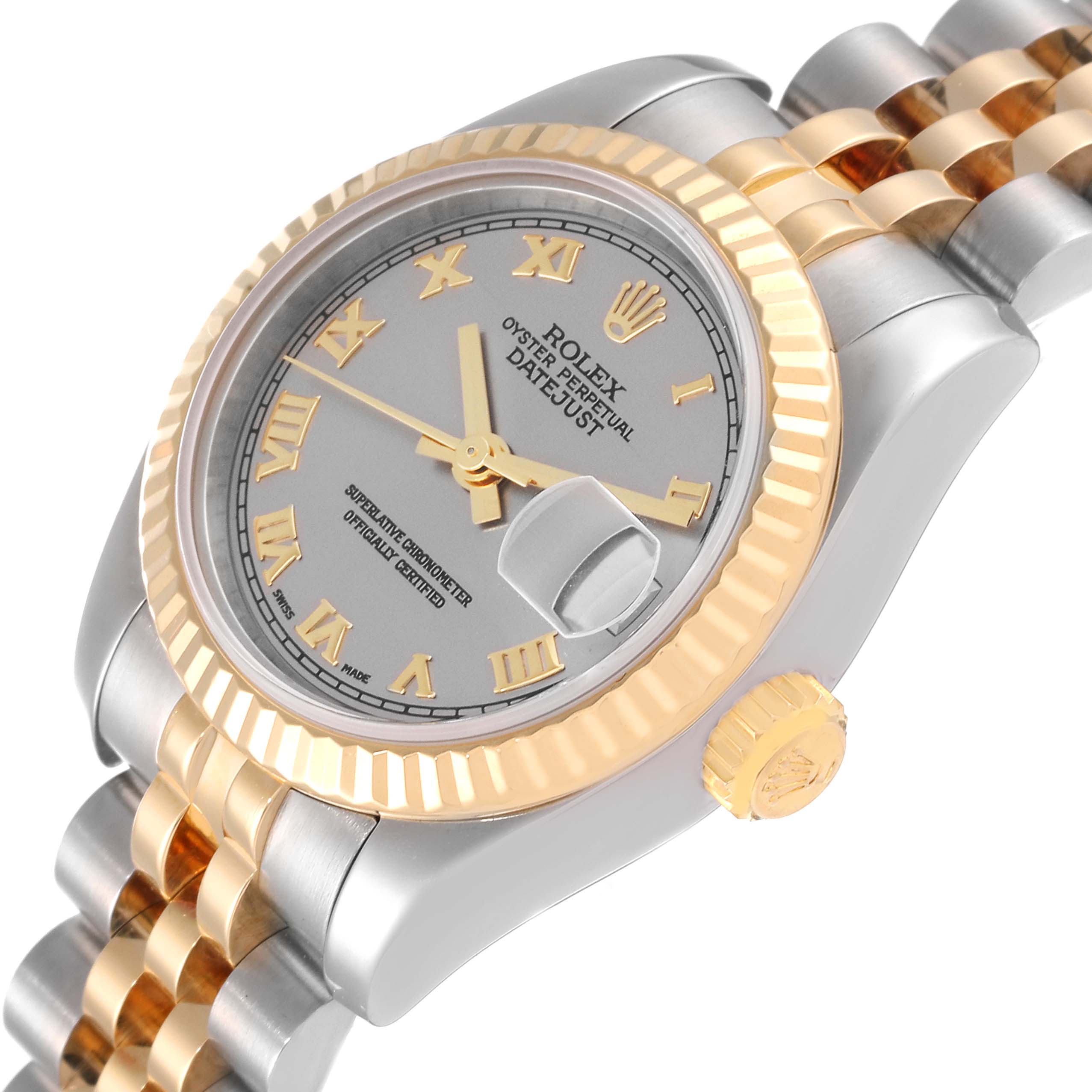 The image shows a Rolex Datejust 179173 Women's Steel and Gold (two tone) Grey Dial 179173 Women's Steel and Gold (two tone) Grey Dial watch at a three-quarters angle, highlighting the face, bezel, crown, and part of the bracelet.