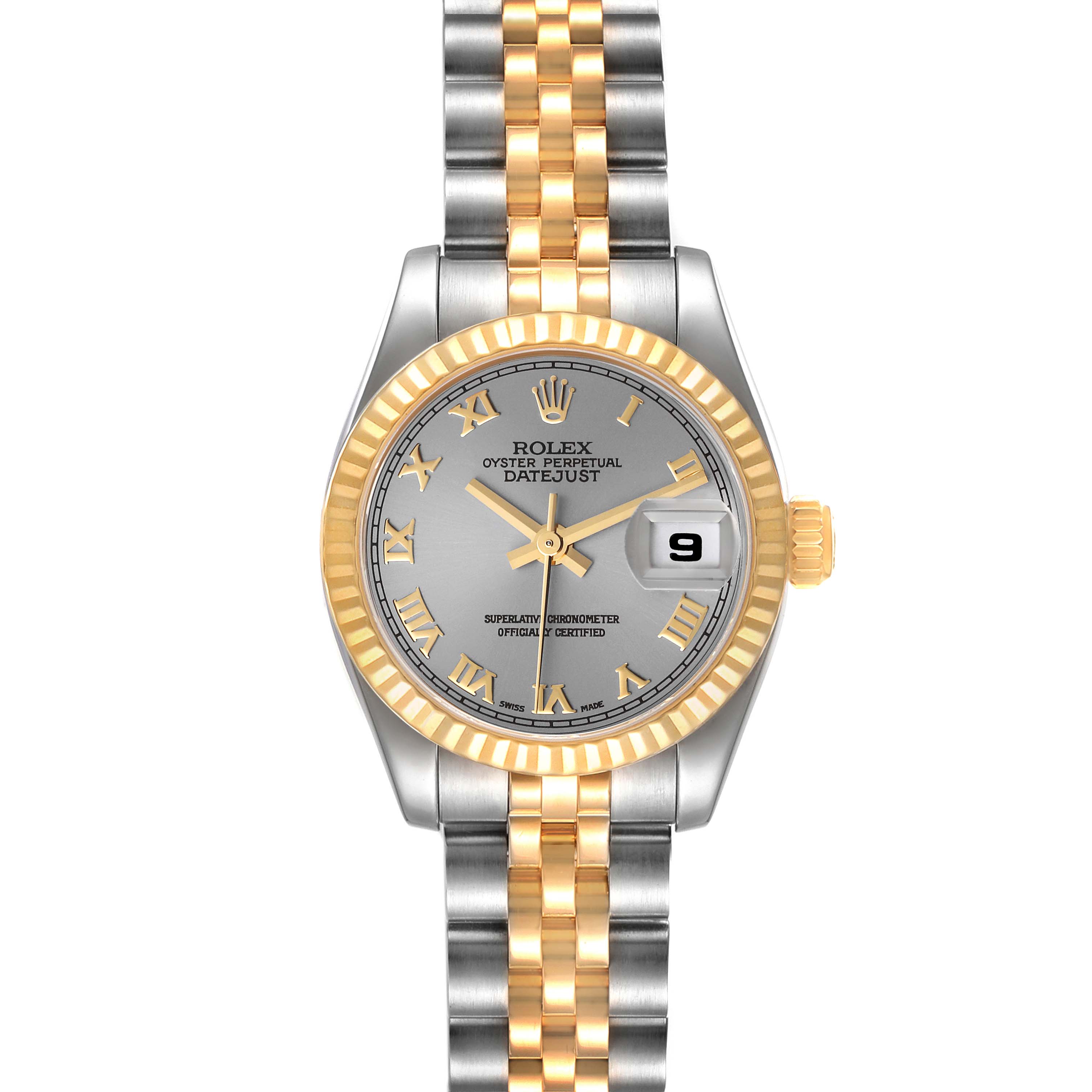 The image shows a front view of the Rolex Datejust 179173 Women's Steel and Gold (two tone) Grey Dial 179173 Women's Steel and Gold (two tone) Grey Dial watch featuring a two-tone metal bracelet and fluted bezel.