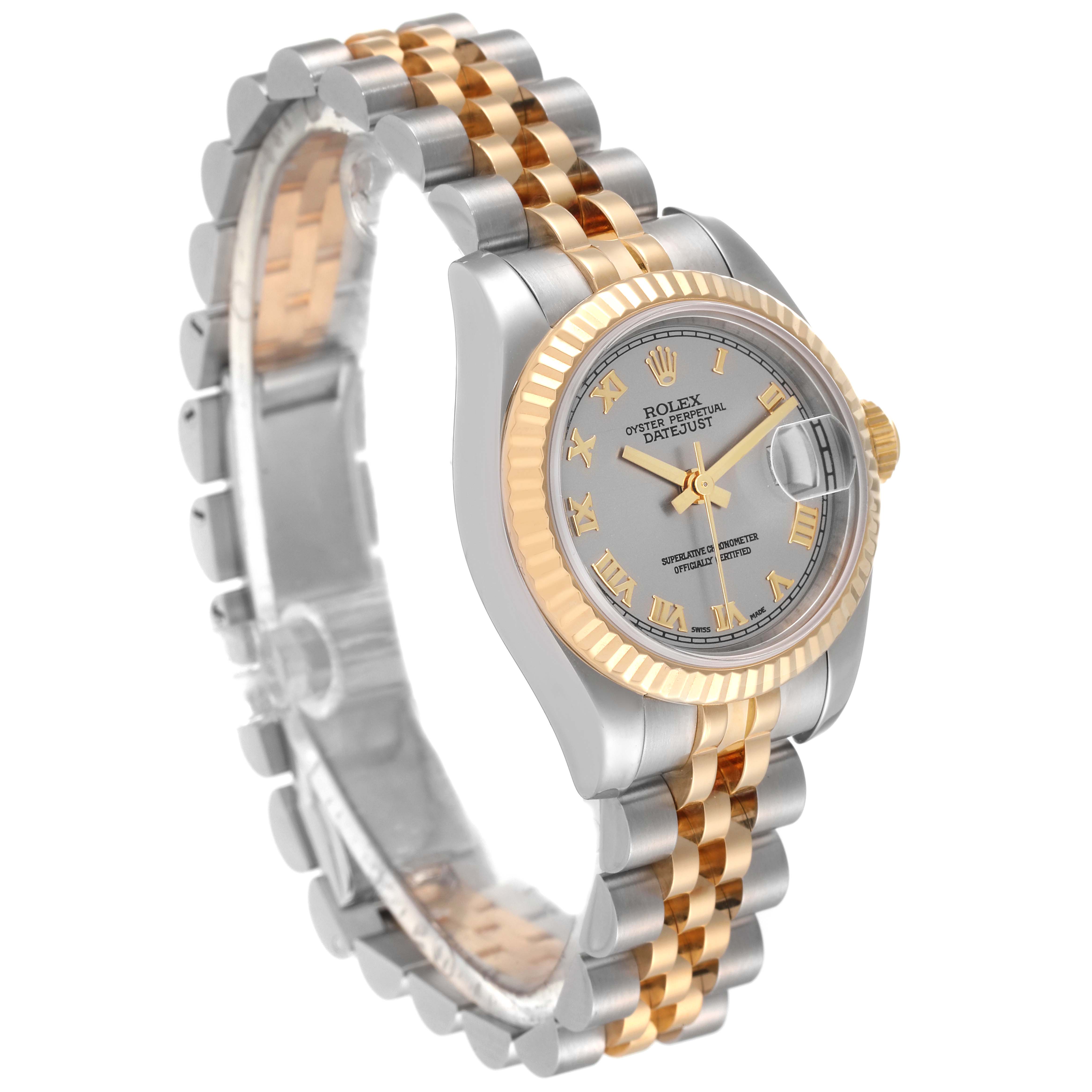 This image shows a Rolex Datejust 179173 Women's Steel and Gold (two tone) Grey Dial 179173 Women's Steel and Gold (two tone) Grey Dial watch at a three-quarter angle, highlighting its two-tone bracelet and fluted bezel.