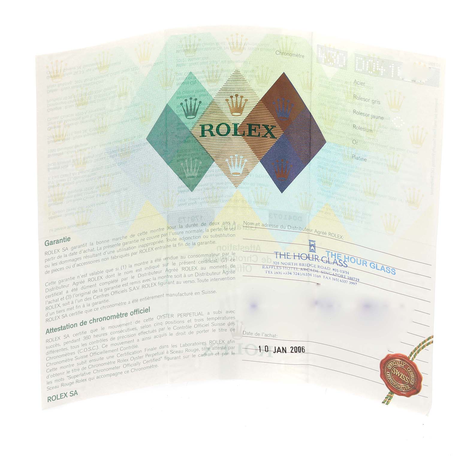 The image shows the Rolex Datejust 179173 Women's Steel and Gold (two tone) Grey Dial 179173 Women's Steel and Gold (two tone) Grey Dial model paperwork, including a certificate and warranty, viewed flat and fully opened.