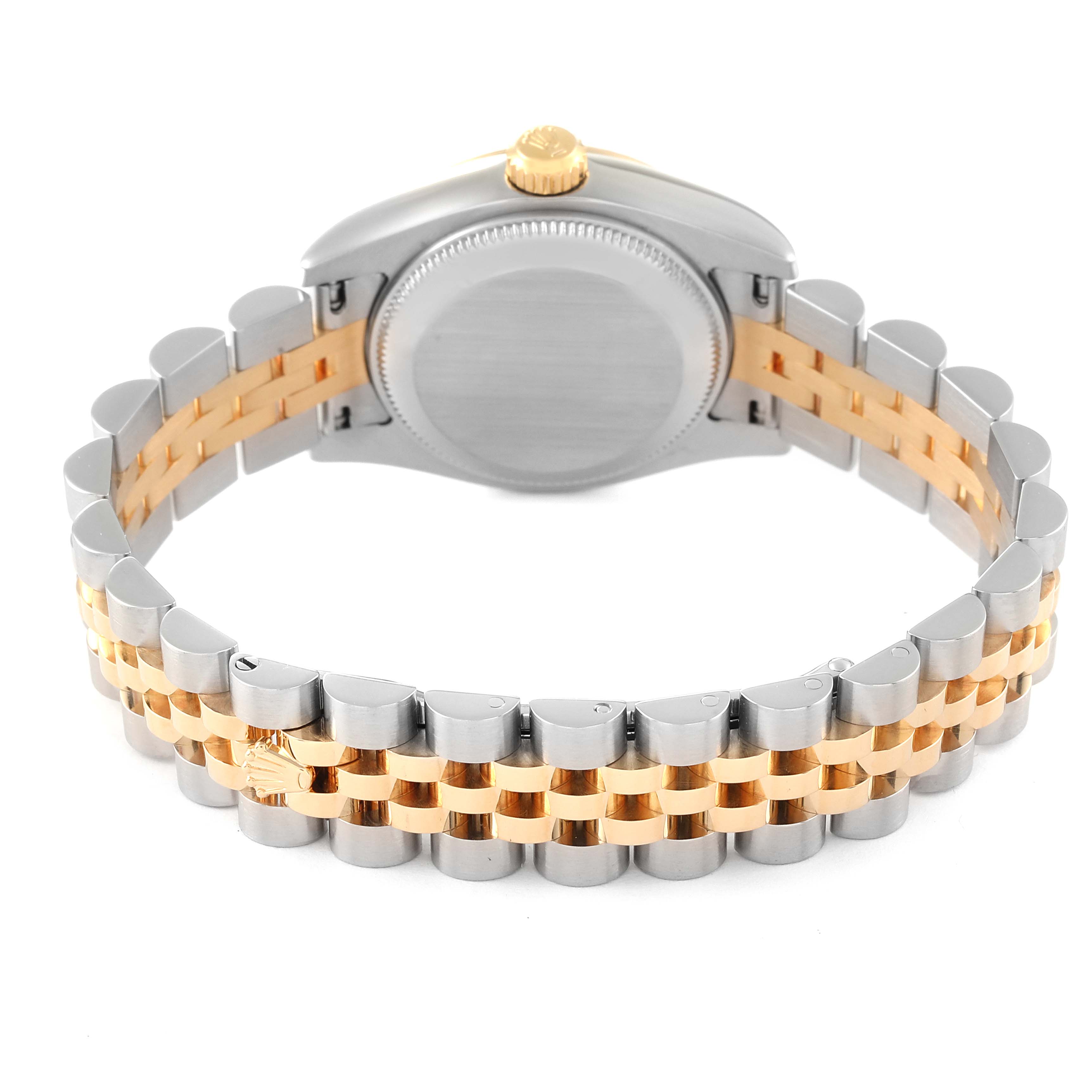 This image shows the back case and Jubilee bracelet of a Rolex Datejust 179173 Women's Steel and Gold (two tone) Grey Dial 179173 Women's Steel and Gold (two tone) Grey Dial model watch from a rear angle.