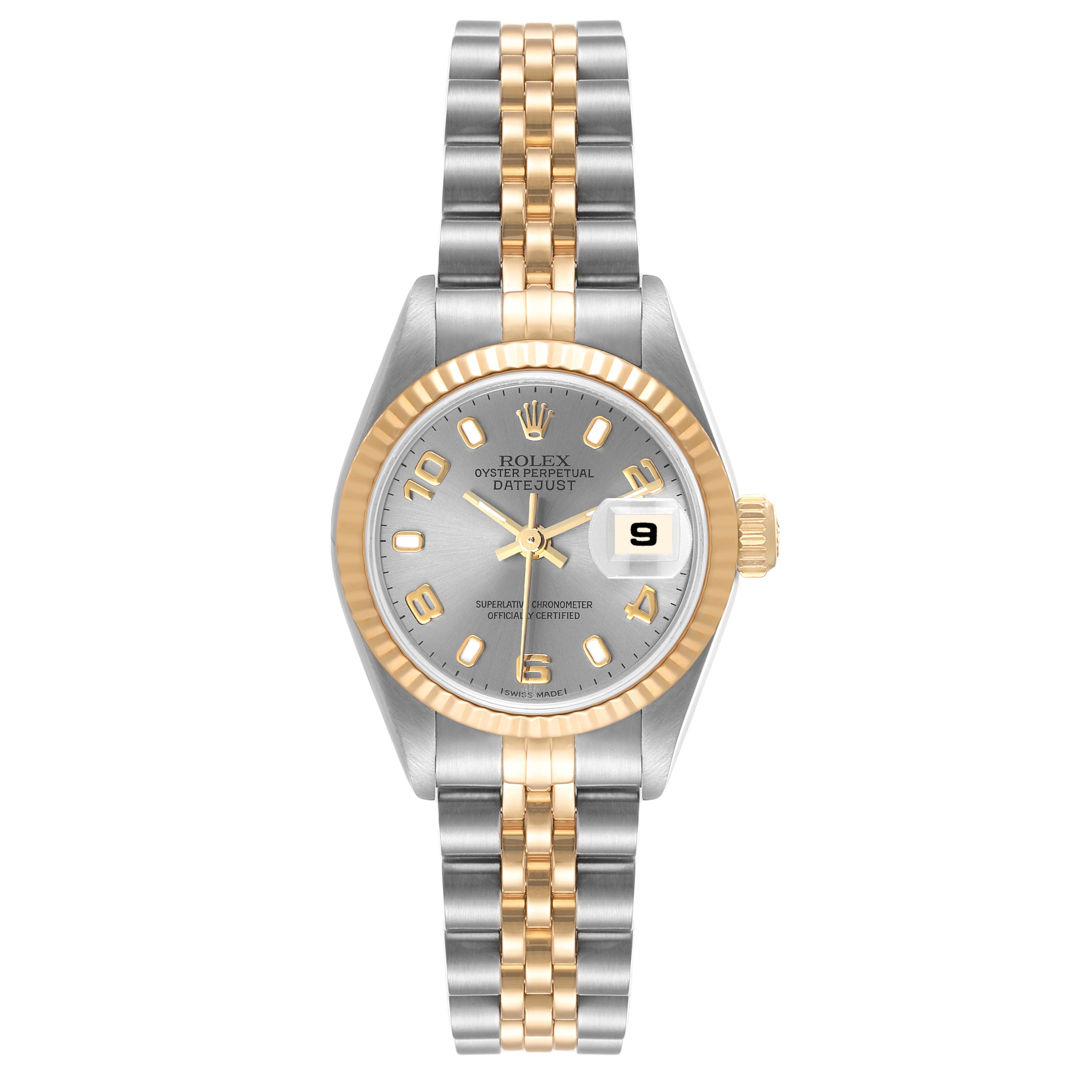 The image shows a Rolex Datejust 79173 Women's Steel and Gold (two tone) Grey Dial 79173 Women's Steel and Gold (two tone) Grey Dial watch from a front angle, displaying the full face, bezel, and bracelet.