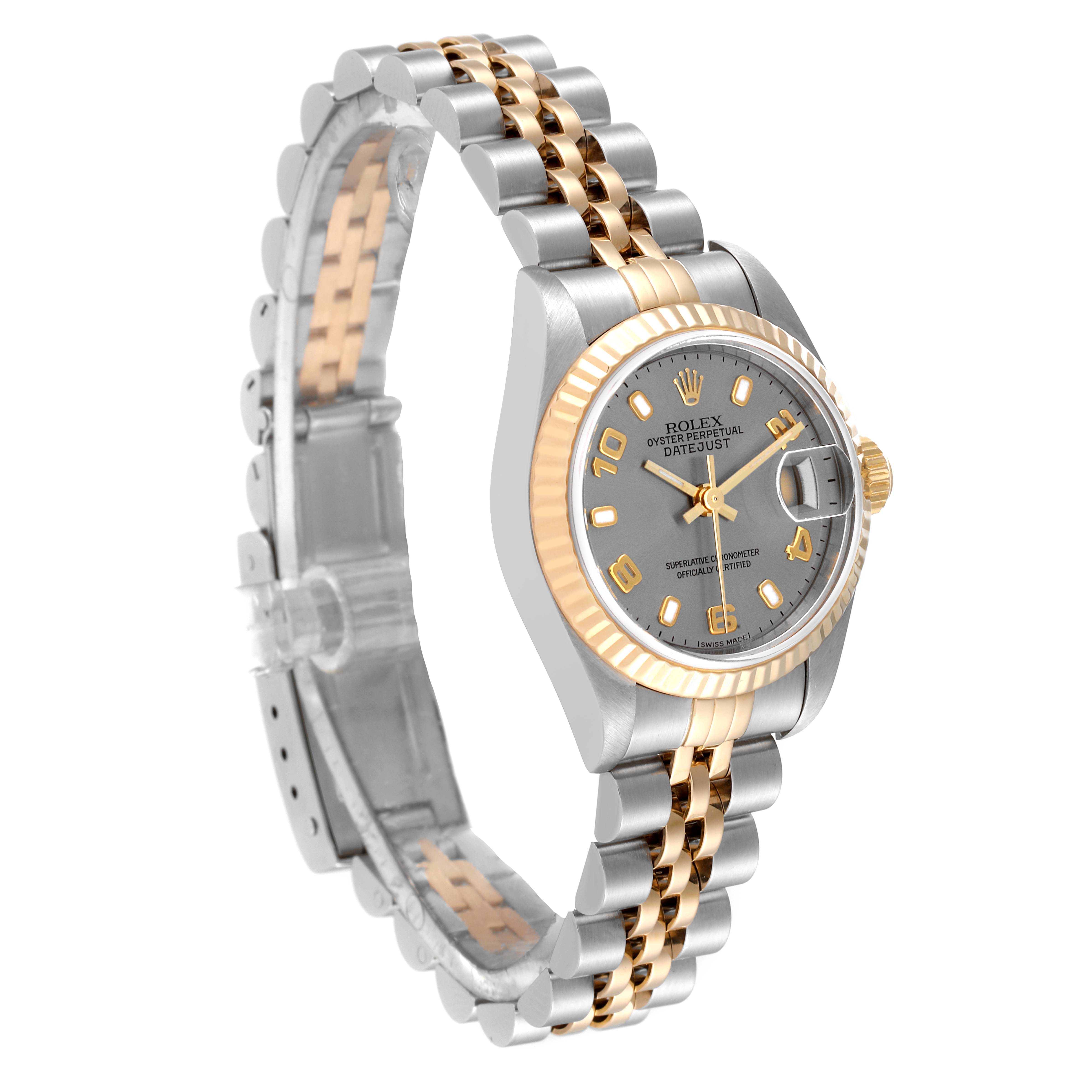 The Rolex Datejust 79173 Women's Steel and Gold (two tone) Grey Dial 79173 Women's Steel and Gold (two tone) Grey Dial watch is shown at a three-quarter angle displaying the dial, bezel, crown, and part of the bracelet.