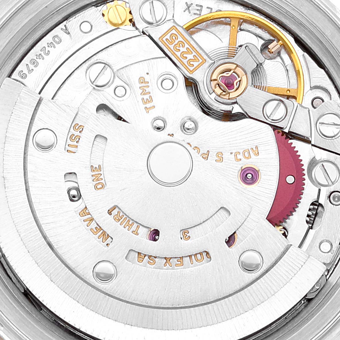 This close-up image shows the intricate internal mechanical movement of a Rolex Datejust 79173 Women's Steel and Gold (two tone) Grey Dial 79173 Women's Steel and Gold (two tone) Grey Dial watch.