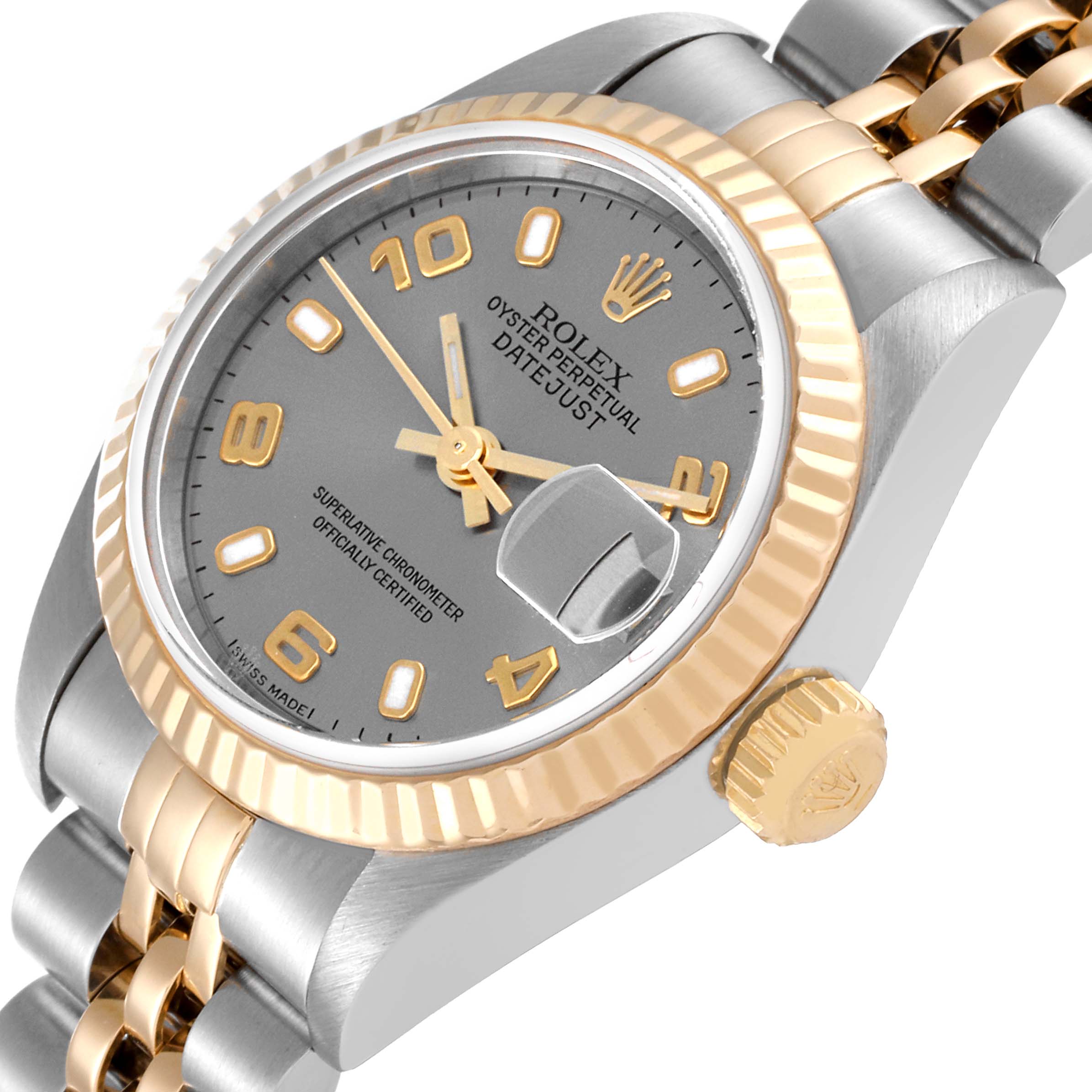 This image showcases a Rolex Datejust 79173 Women's Steel and Gold (two tone) Grey Dial 79173 Women's Steel and Gold (two tone) Grey Dial watch, highlighting its face, bezel, crown, and bracelet at an angled close-up view.