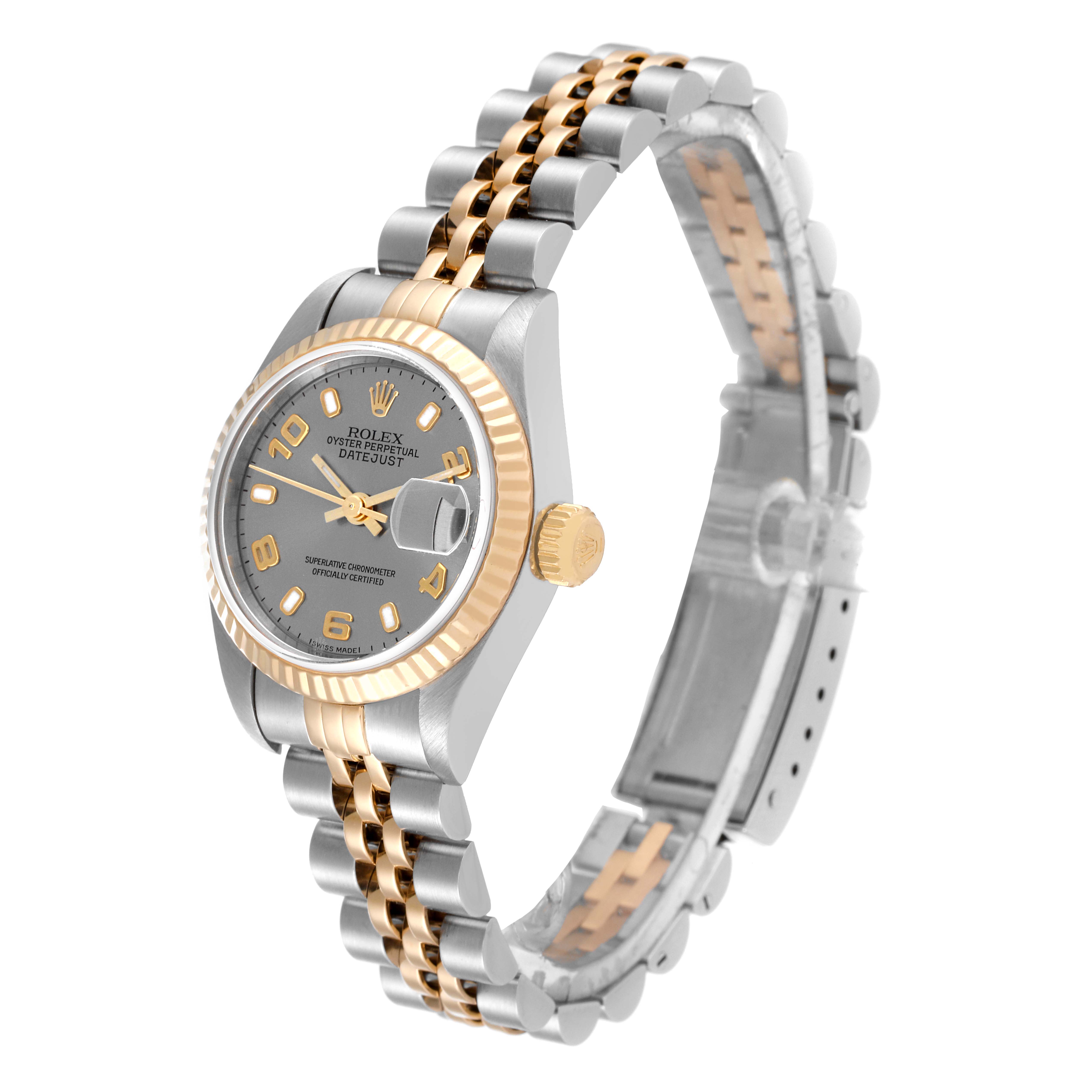 The image shows a Rolex Datejust 79173 Women's Steel and Gold (two tone) Grey Dial 79173 Women's Steel and Gold (two tone) Grey Dial watch at an angled view, highlighting the case, bezel, crown, dial, and two-tone bracelet.