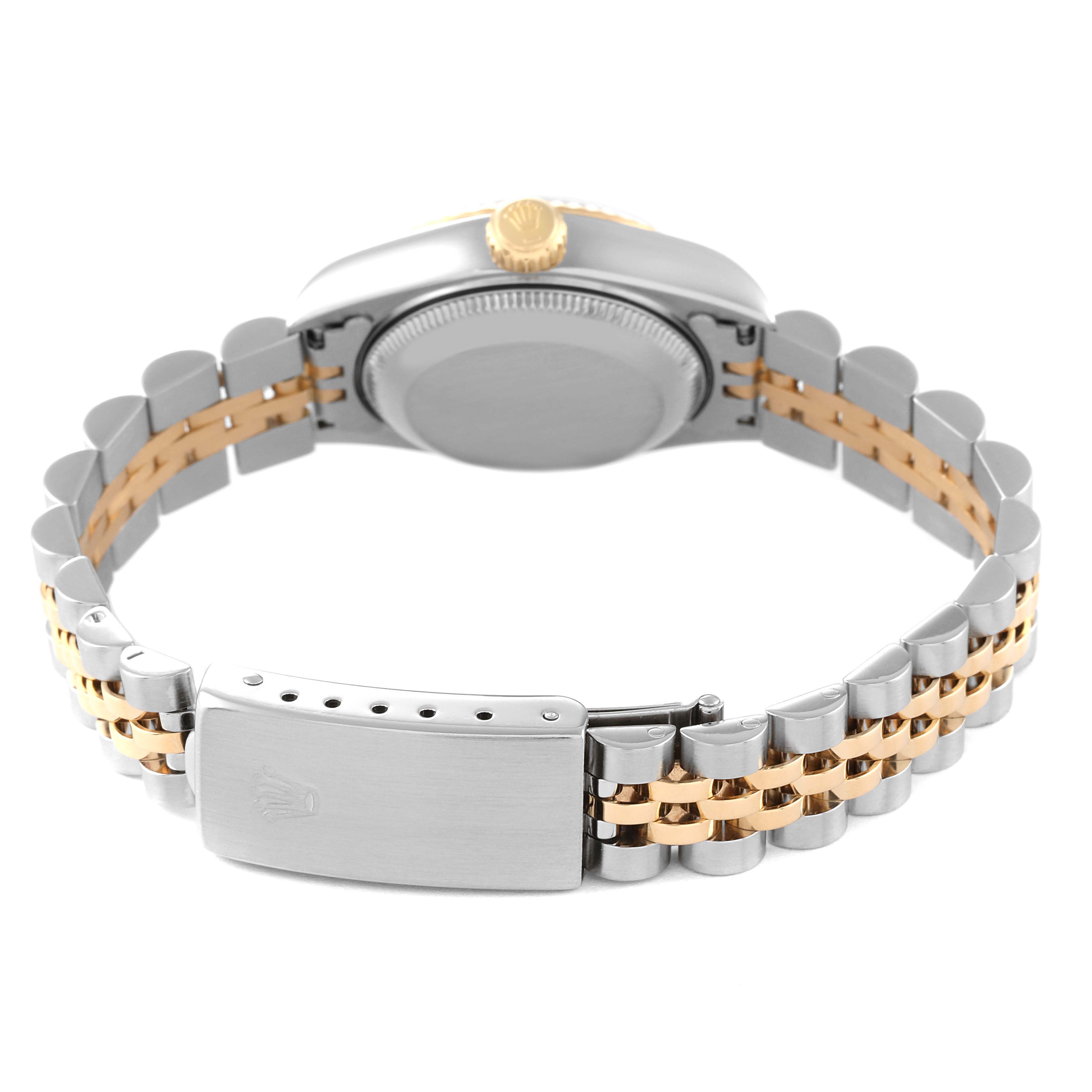 This image shows the back, crown, and two-tone bracelet of a Rolex Datejust 79173 Women's Steel and Gold (two tone) Grey Dial 79173 Women's Steel and Gold (two tone) Grey Dial watch, highlighting the clasp and case back.