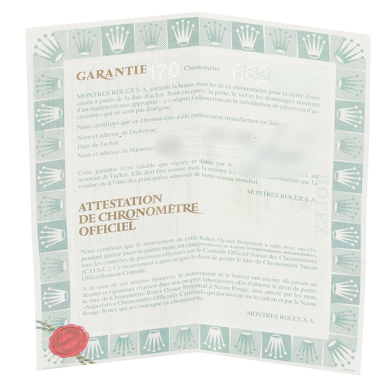 This image shows a Rolex Datejust 79173 Women's Steel and Gold (two tone) Grey Dial 79173 Women's Steel and Gold (two tone) Grey Dial model warranty card and official chronometer certification.