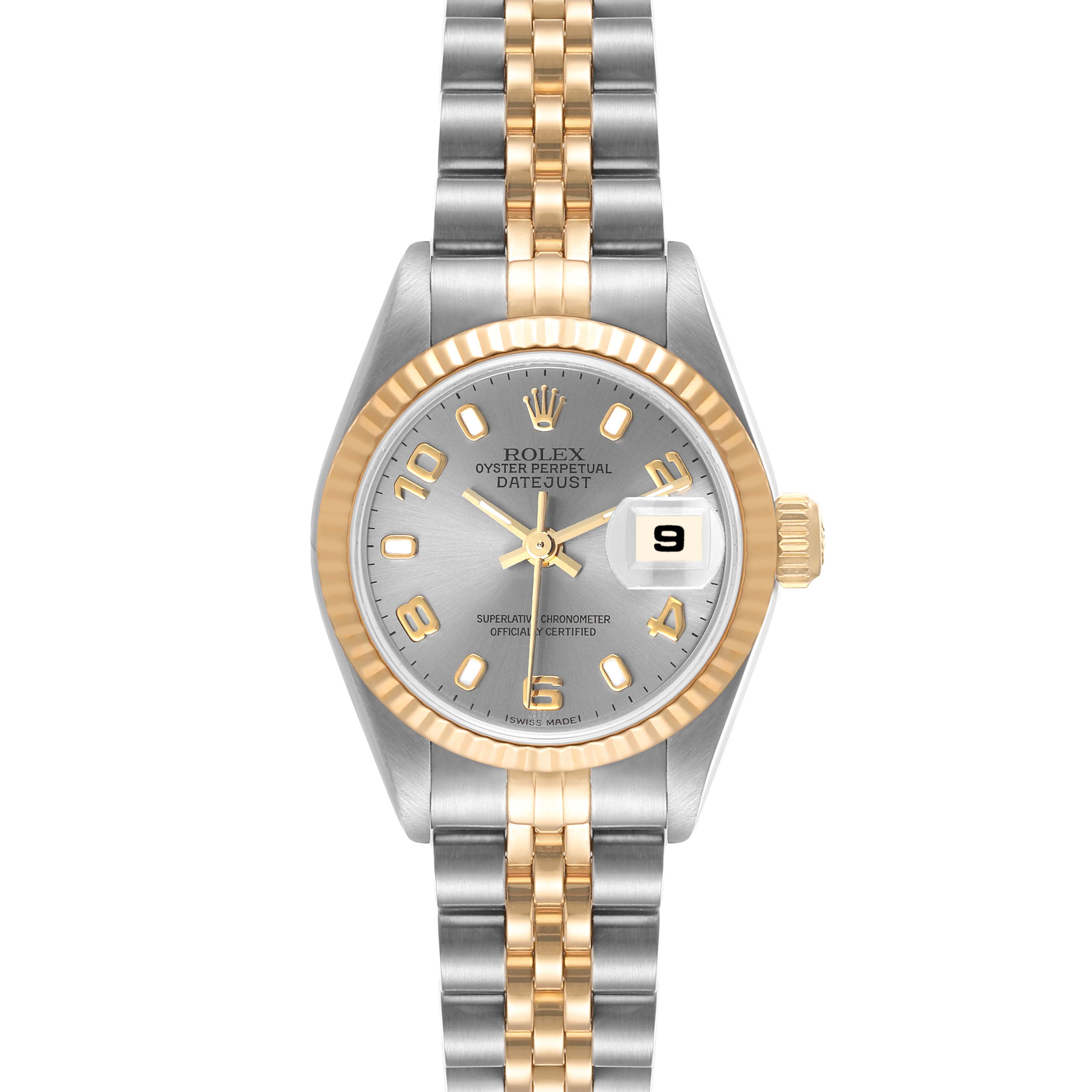 Front view of a Rolex Datejust 79173 Women's Steel and Gold (two tone) Grey Dial 79173 Women's Steel and Gold (two tone) Grey Dial watch showing the dial, bezel, hands, date window, and two-tone bracelet.