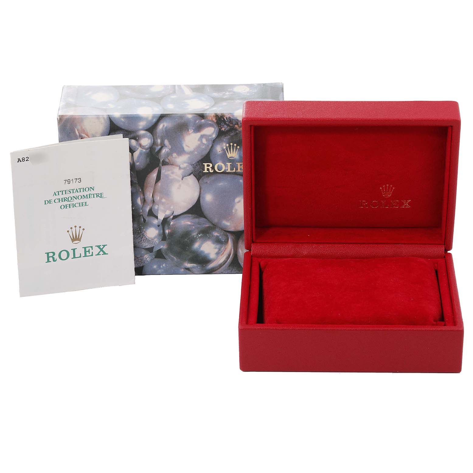 The image shows an open red Rolex watch box for the Datejust model, along with its outer packaging and authenticity certificate.