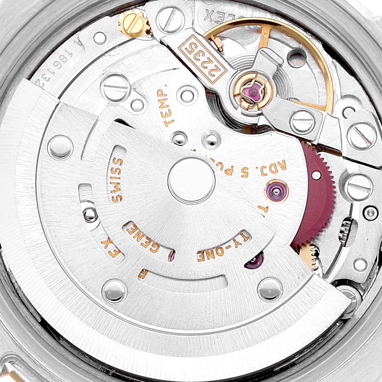 This image shows a close-up view of the Rolex Datejust 179173 Women's Steel and Gold (two tone) Black Dial 179173 Women's Steel and Gold (two tone) Black Dial's automatic movement, highlighting its intricate mechanical components.