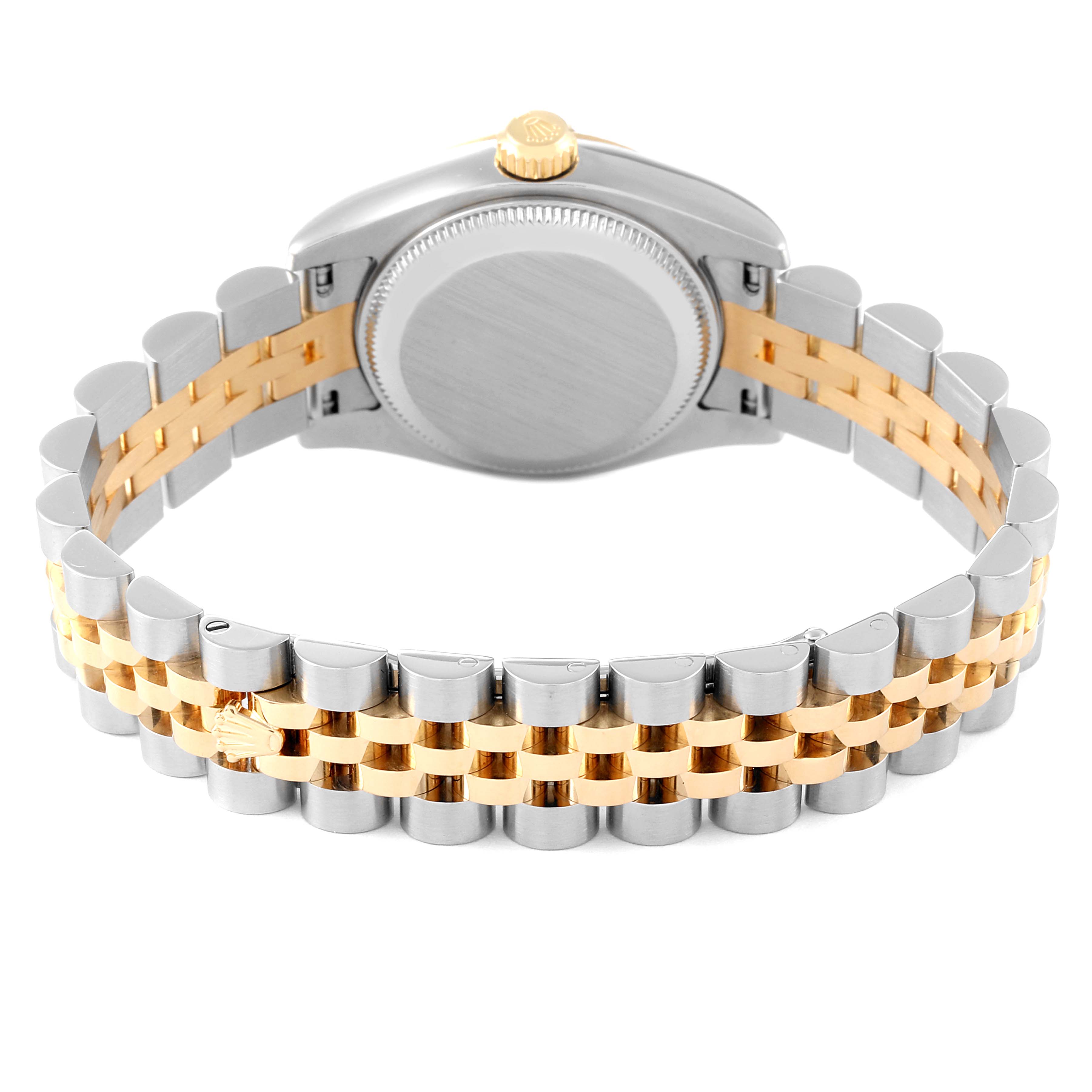 This image shows the back view of the case and two-tone bracelet of the Rolex Datejust 179173 Women's Steel and Gold (two tone) Black Dial 179173 Women's Steel and Gold (two tone) Black Dial watch.