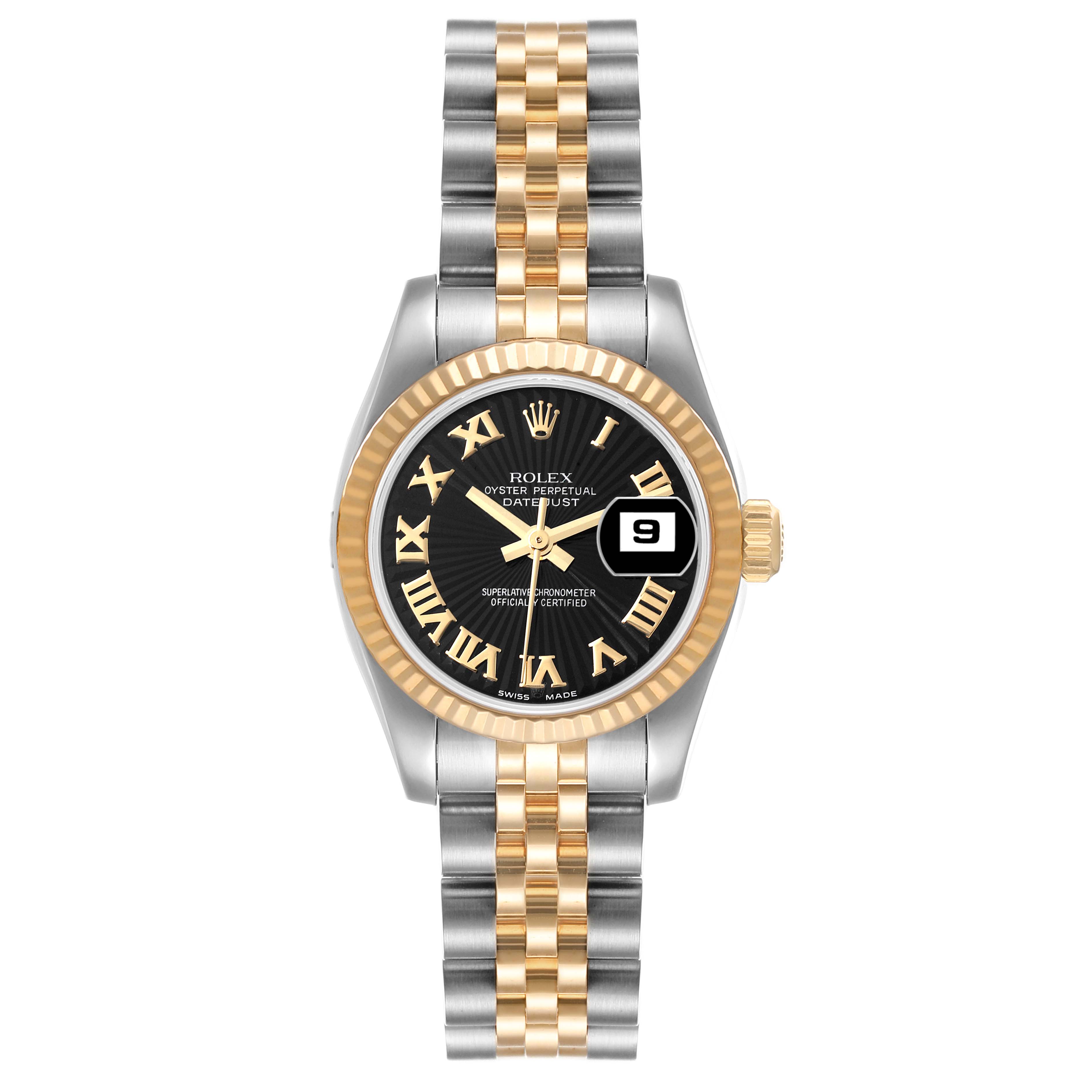 This Rolex Datejust 179173 Women's Steel and Gold (two tone) Black Dial 179173 Women's Steel and Gold (two tone) Black Dial watch is shown from a top-down view, highlighting the dial, bezel, and bracelet with a date window at 3 o'clock.