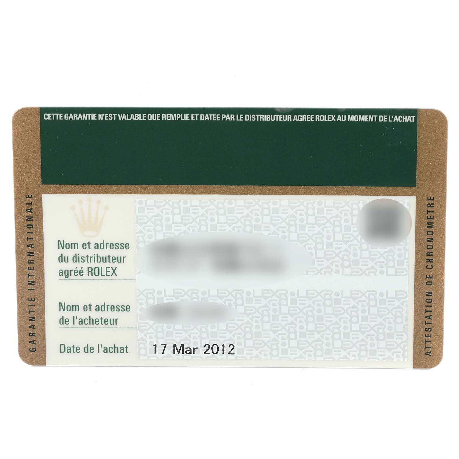 This image shows a warranty card for a Rolex Datejust 179173 Women's Steel and Gold (two tone) Black Dial 179173 Women's Steel and Gold (two tone) Black Dial watch, including the purchase date and distributor information.