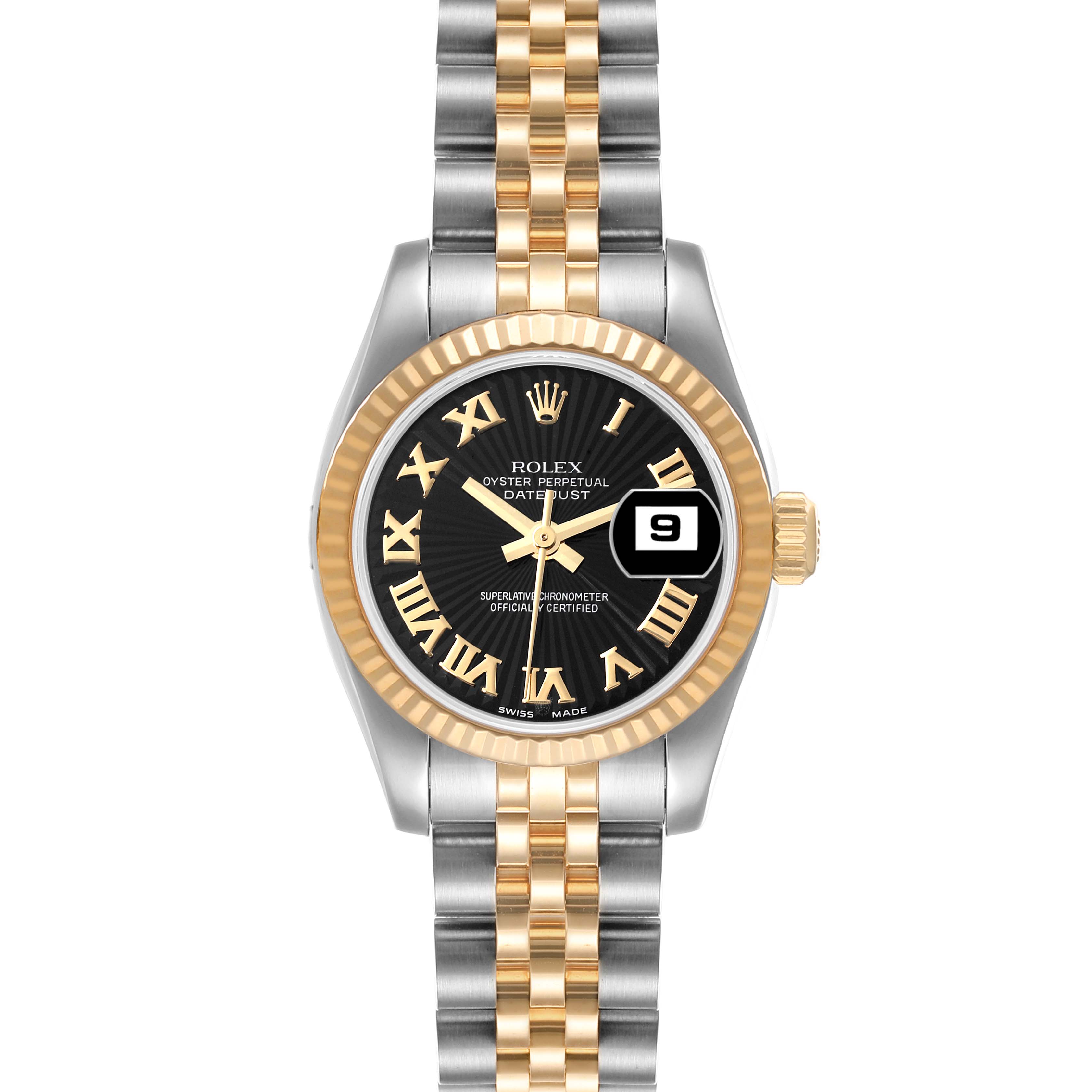 This is a top view of a Rolex Datejust 179173 Women's Steel and Gold (two tone) Black Dial 179173 Women's Steel and Gold (two tone) Black Dial, showing the face, bracelet, and bezel.