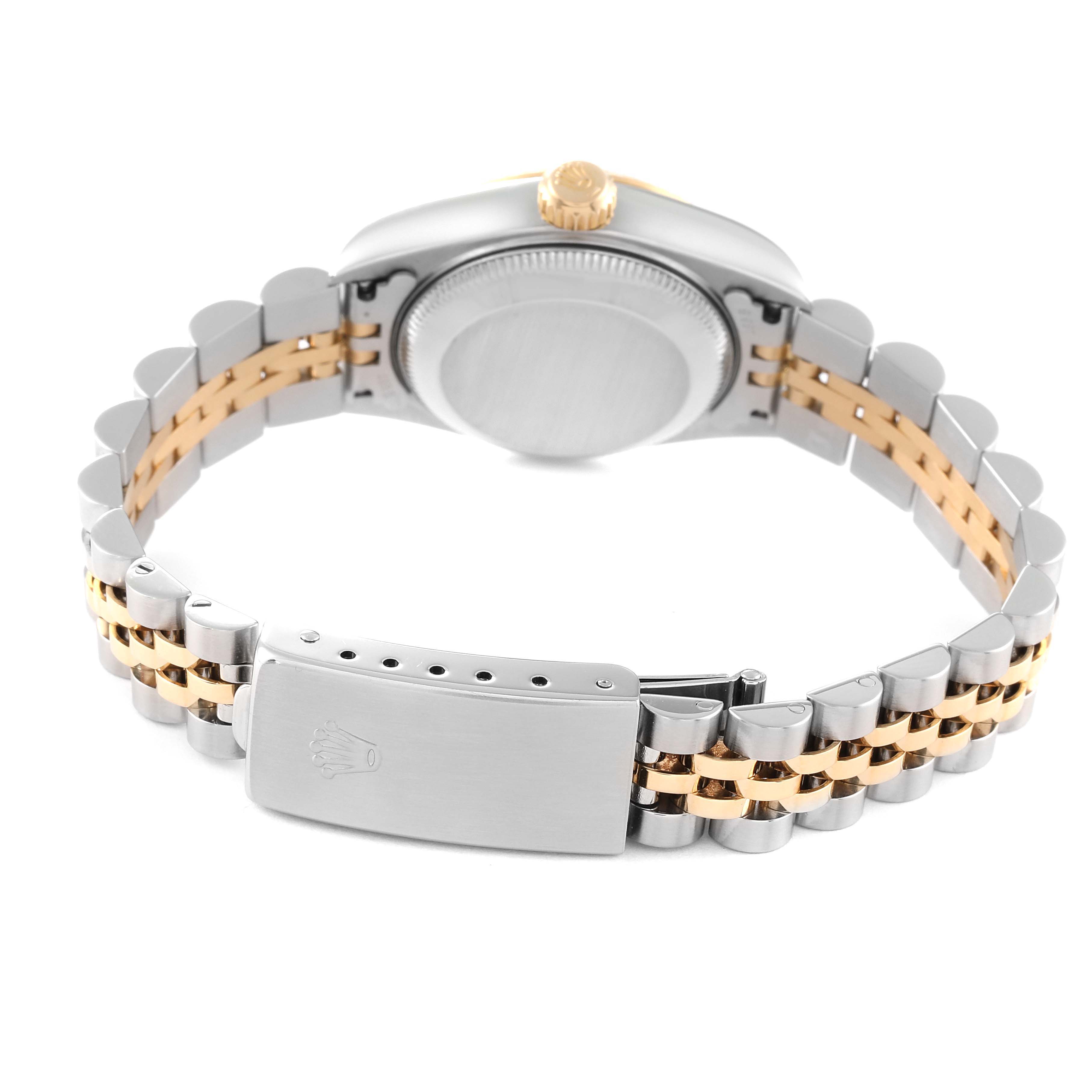 This image shows the back and bracelet of a Rolex Datejust 79173 Women's Steel and Gold (two tone) White Dial 79173 Women's Steel and Gold (two tone) White Dial watch, focusing on the clasp and case back.
