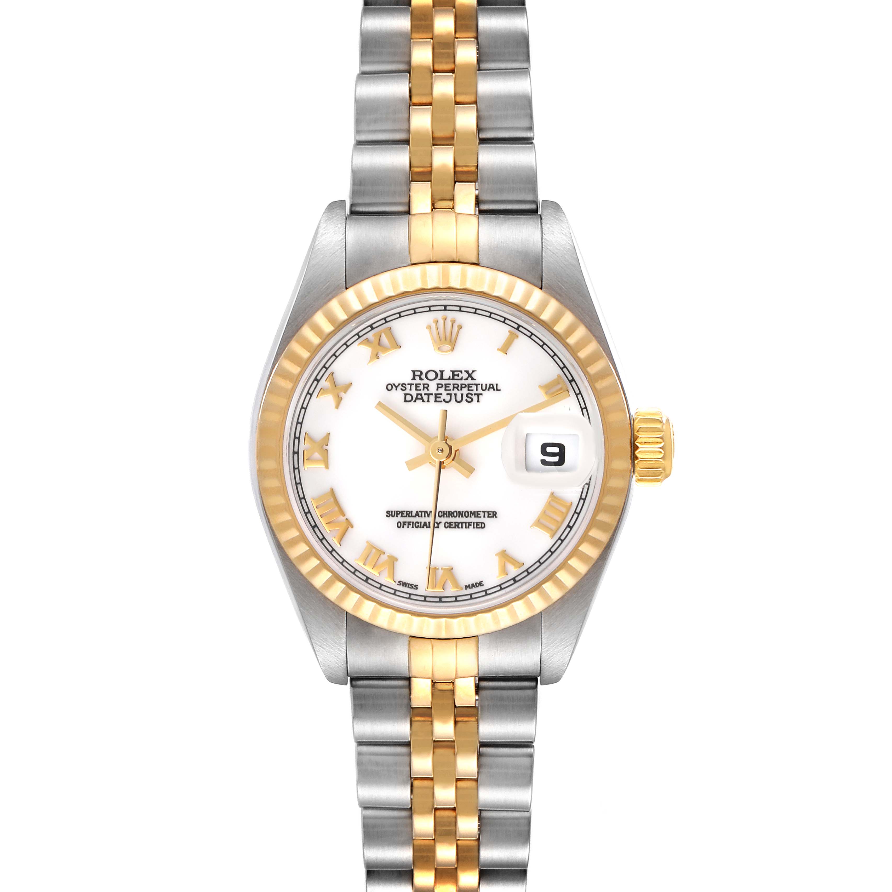 The image shows a Rolex Datejust 79173 Women's Steel and Gold (two tone) White Dial 79173 Women's Steel and Gold (two tone) White Dial watch, featuring a white dial, gold fluted bezel, and two-tone gold and silver bracelet, viewed from the front.