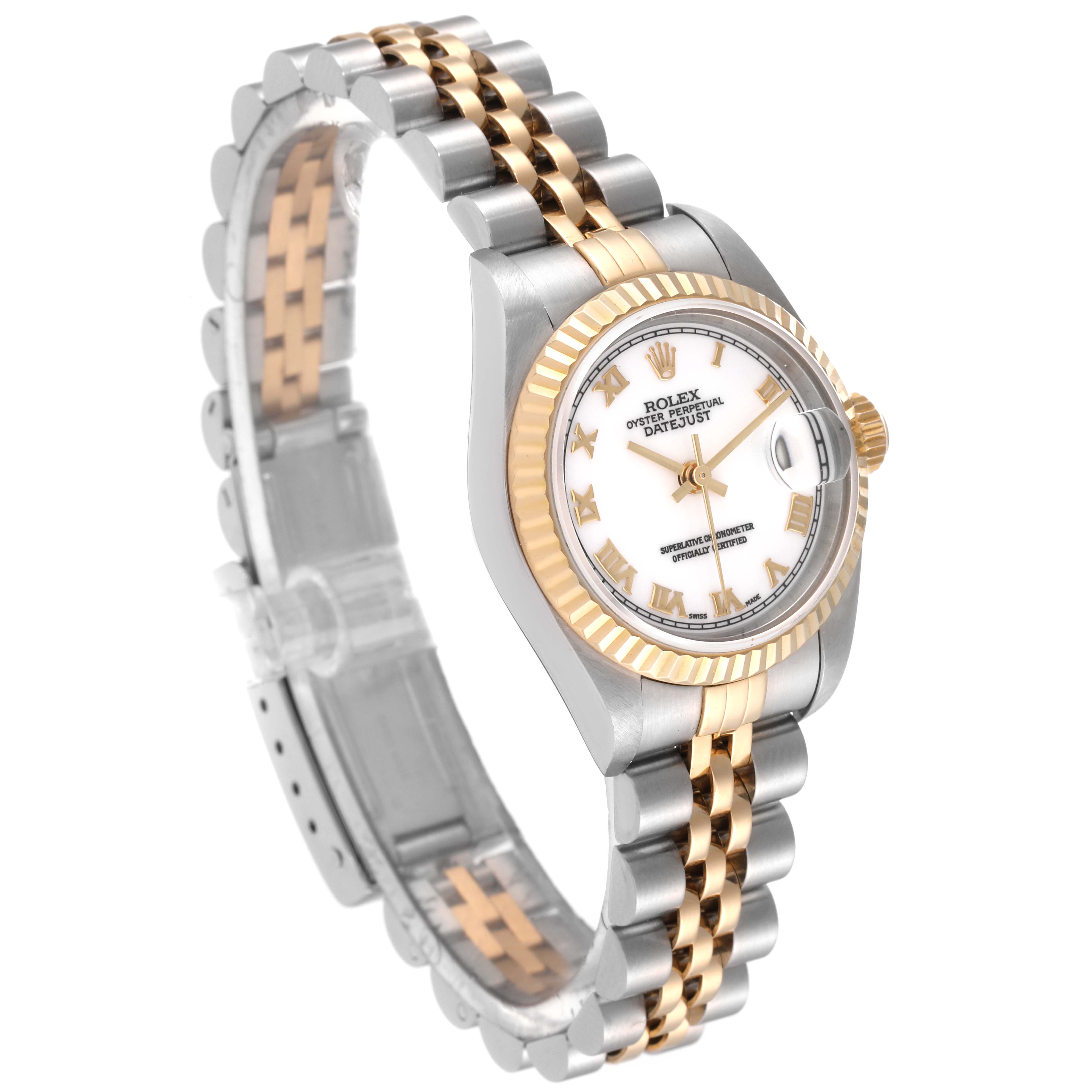 The image shows a Rolex Datejust 79173 Women's Steel and Gold (two tone) White Dial 79173 Women's Steel and Gold (two tone) White Dial watch angled from the front-left, highlighting the dial, bezel, and two-tone bracelet.