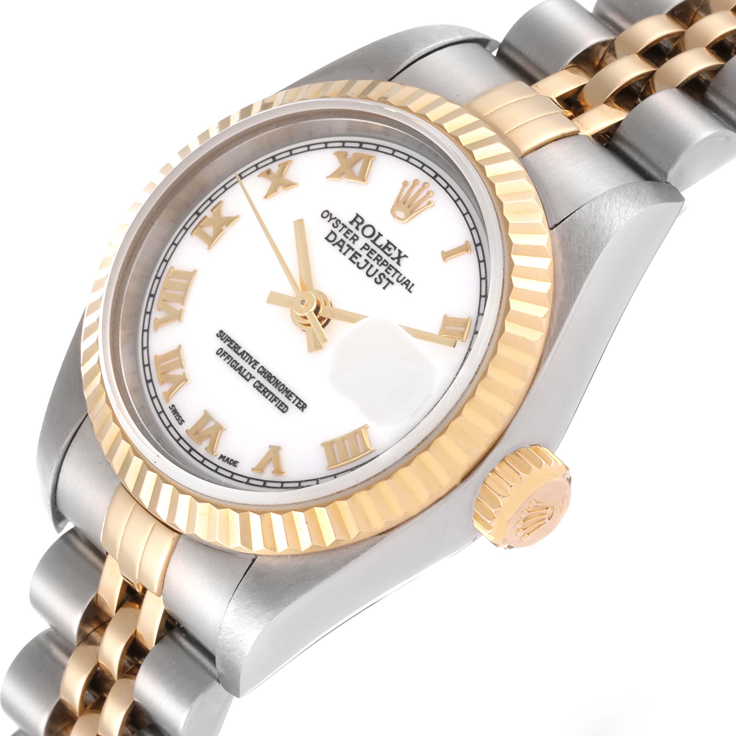 The image showcases a Rolex Datejust 79173 Women's Steel and Gold (two tone) White Dial 79173 Women's Steel and Gold (two tone) White Dial watch angled to display its face, crown, and a portion of the bracelet.