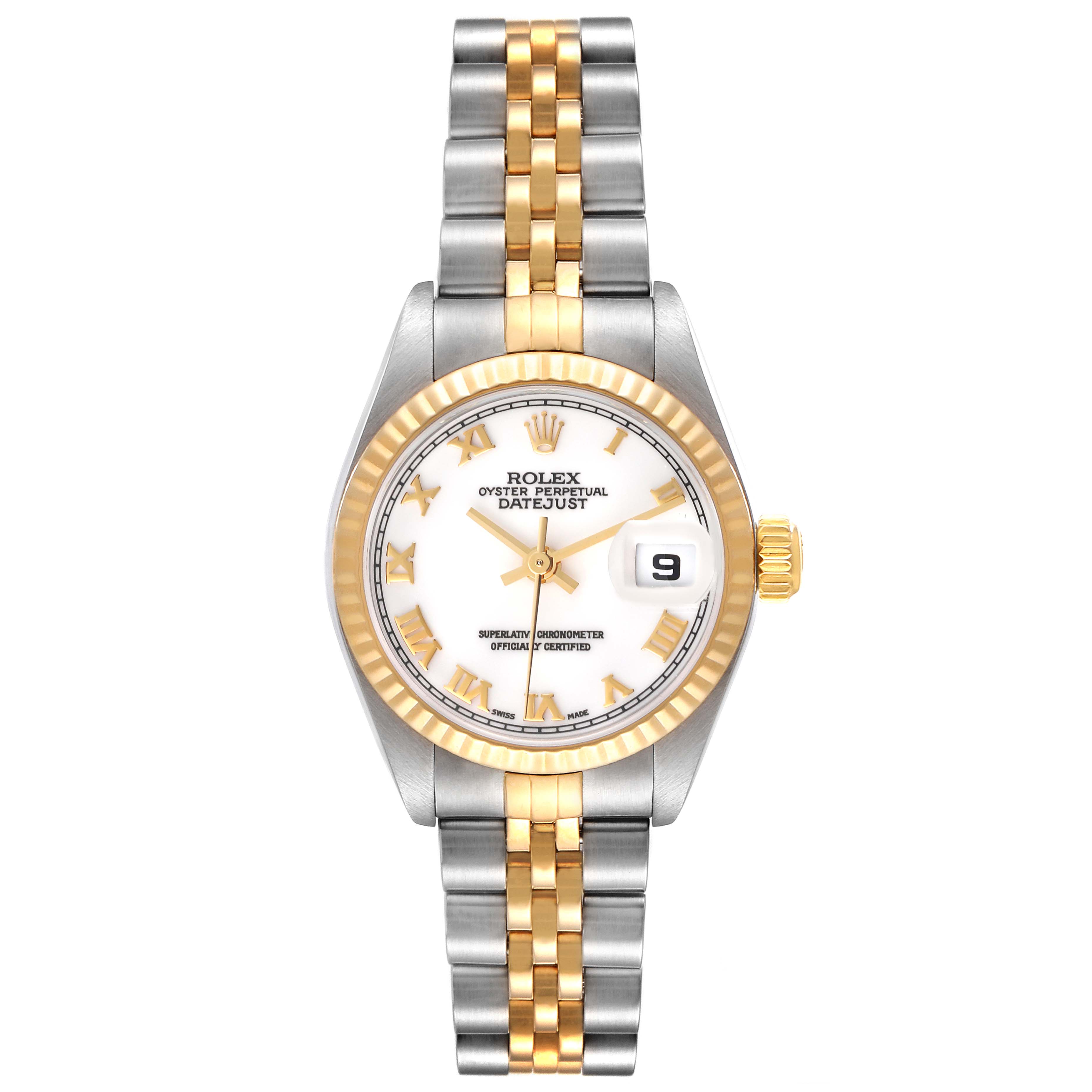 The image shows a front view of a Rolex Datejust 79173 Women's Steel and Gold (two tone) White Dial 79173 Women's Steel and Gold (two tone) White Dial watch, displaying its face, bezel, crown, and two-tone bracelet.