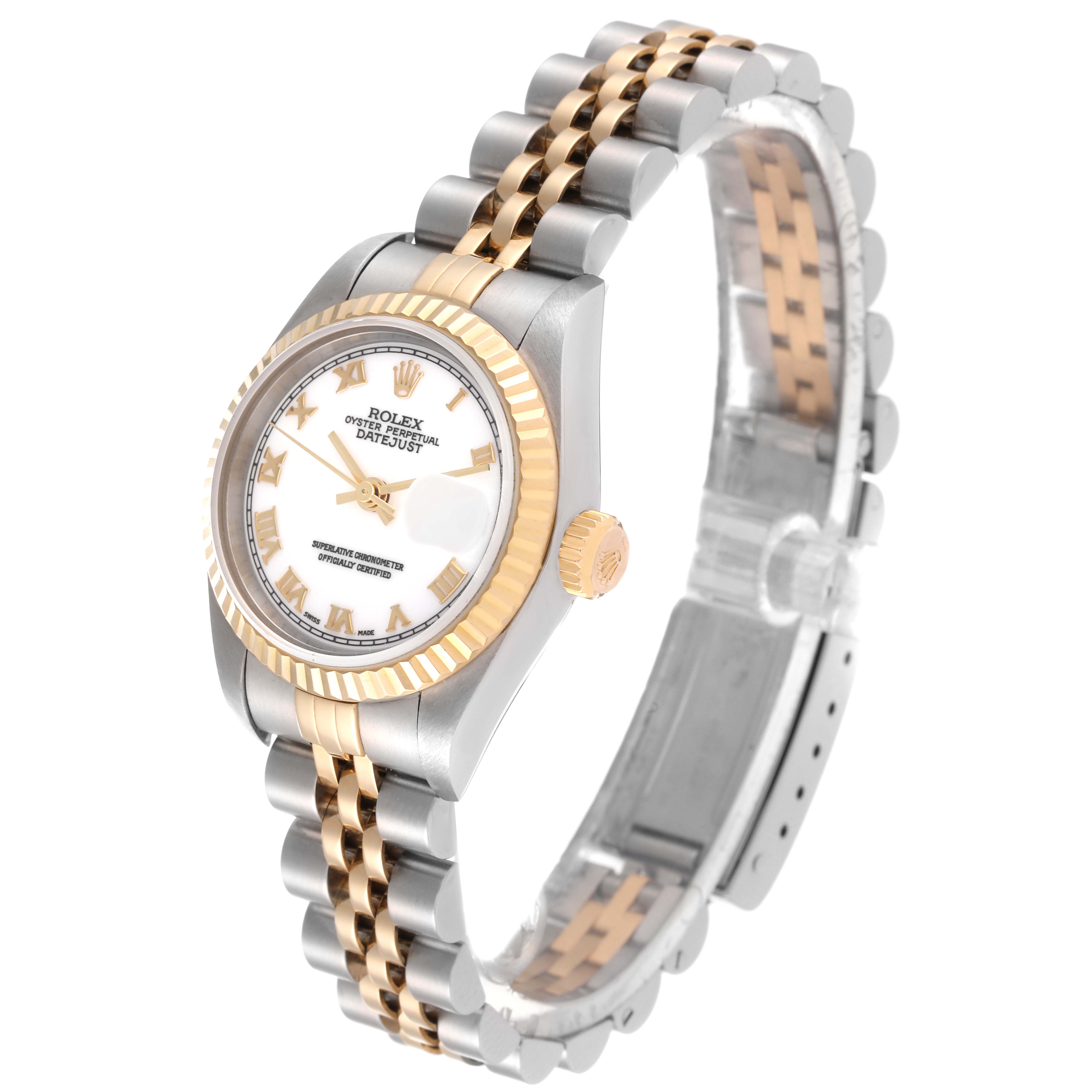 The Rolex Datejust 79173 Women's Steel and Gold (two tone) White Dial 79173 Women's Steel and Gold (two tone) White Dial watch is shown at a slight angle, featuring its dial, two-tone fluted bezel, crown, and Jubilee bracelet.