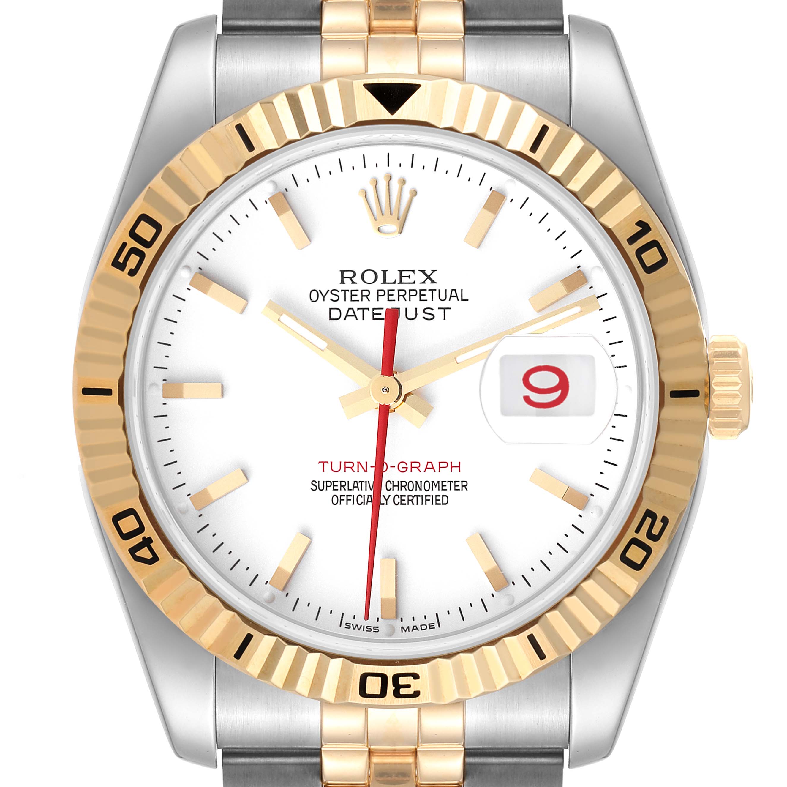 This image shows the Rolex Turn-o-Graph 116263 Men's Steel and Gold (two tone) White Dial 116263 Men's Steel and Gold (two tone) White Dial watch from a front angle, highlighting the dial, hands, bezel, and crown.
