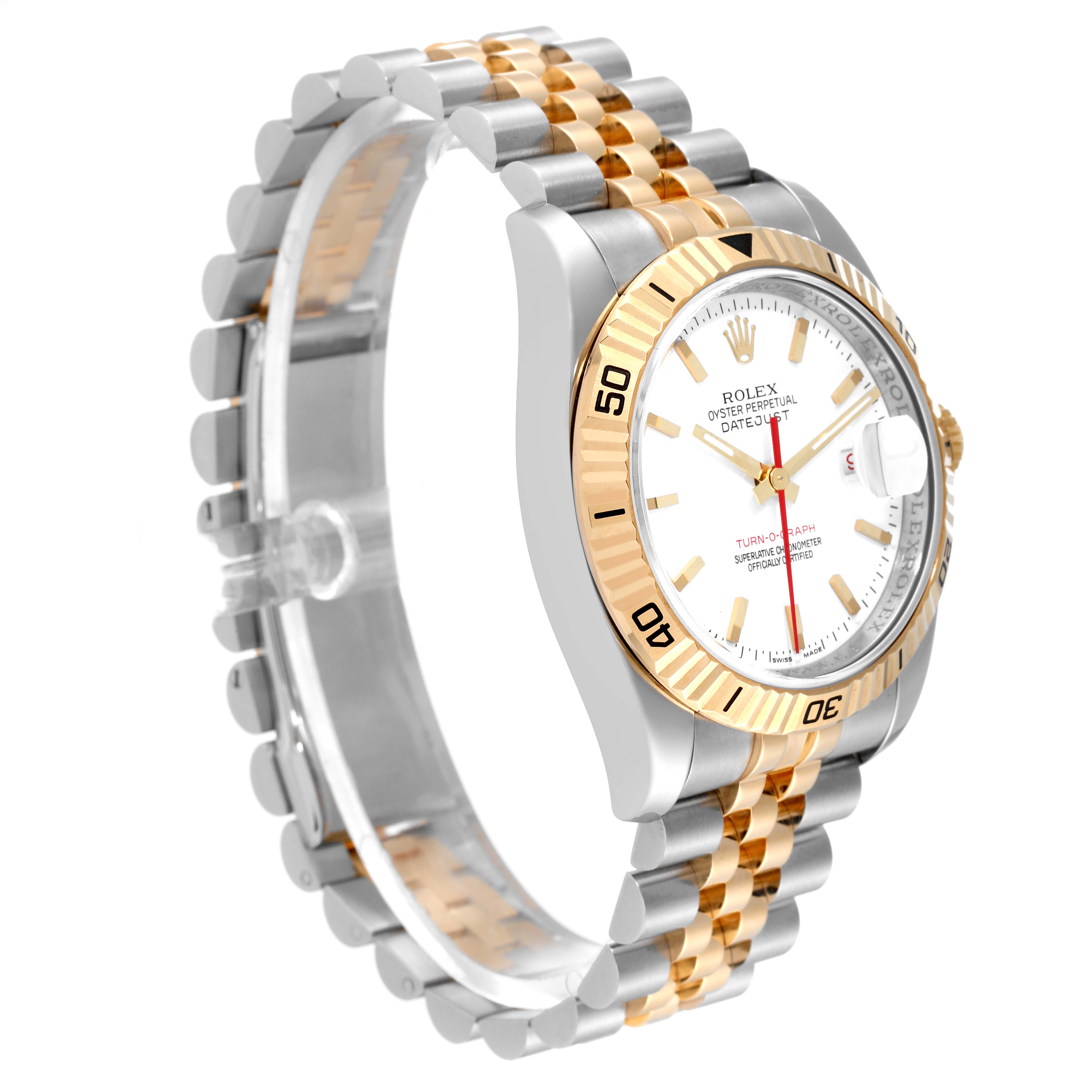 The image shows a side angle of a Rolex Turn-o-Graph 116263 Men's Steel and Gold (two tone) White Dial 116263 Men's Steel and Gold (two tone) White Dial watch, highlighting its two-tone bracelet and distinctive bezel.