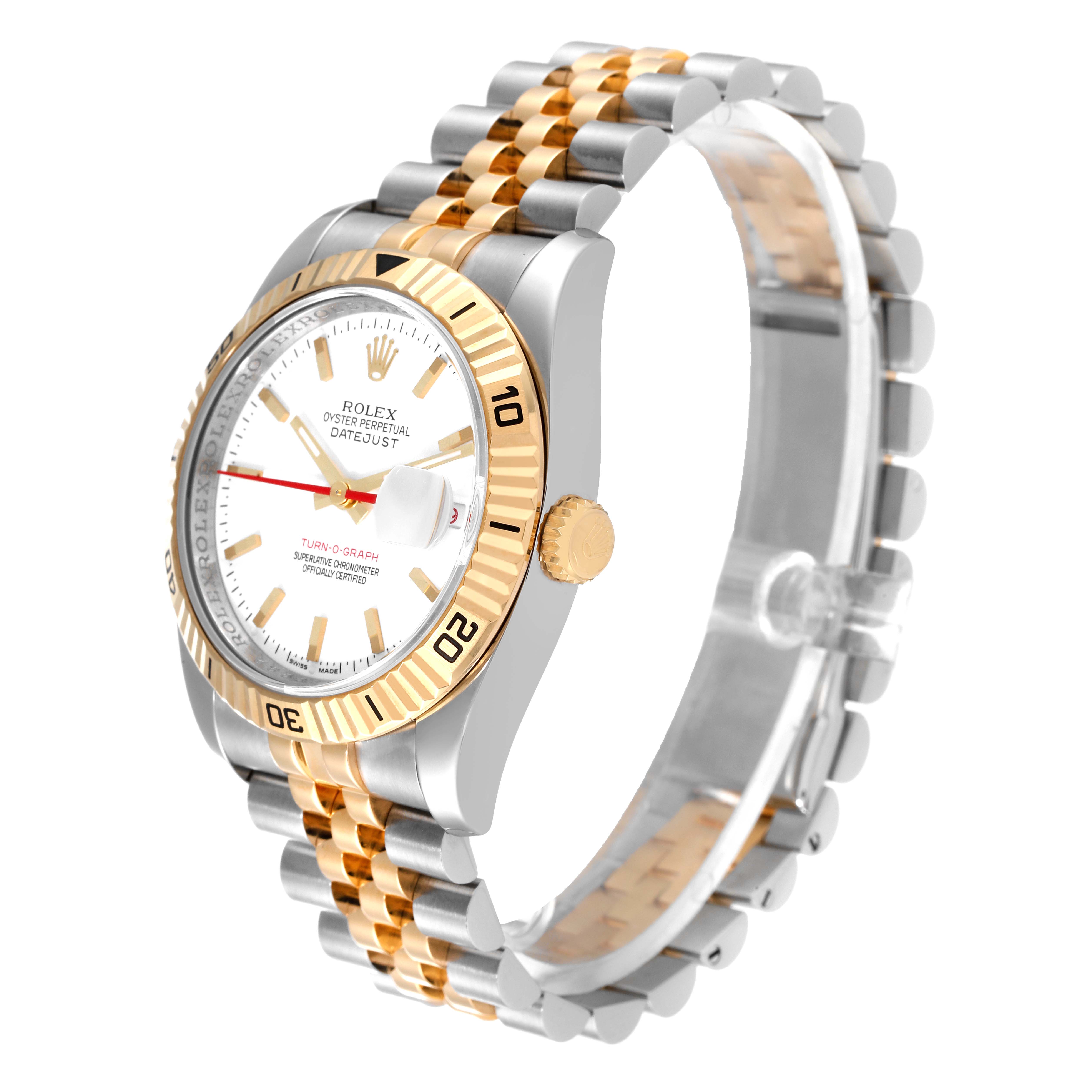 The image shows a Rolex Turn-o-Graph 116263 Men's Steel and Gold (two tone) White Dial 116263 Men's Steel and Gold (two tone) White Dial watch at an oblique angle, highlighting the face, bezel, crown, and two-tone bracelet.