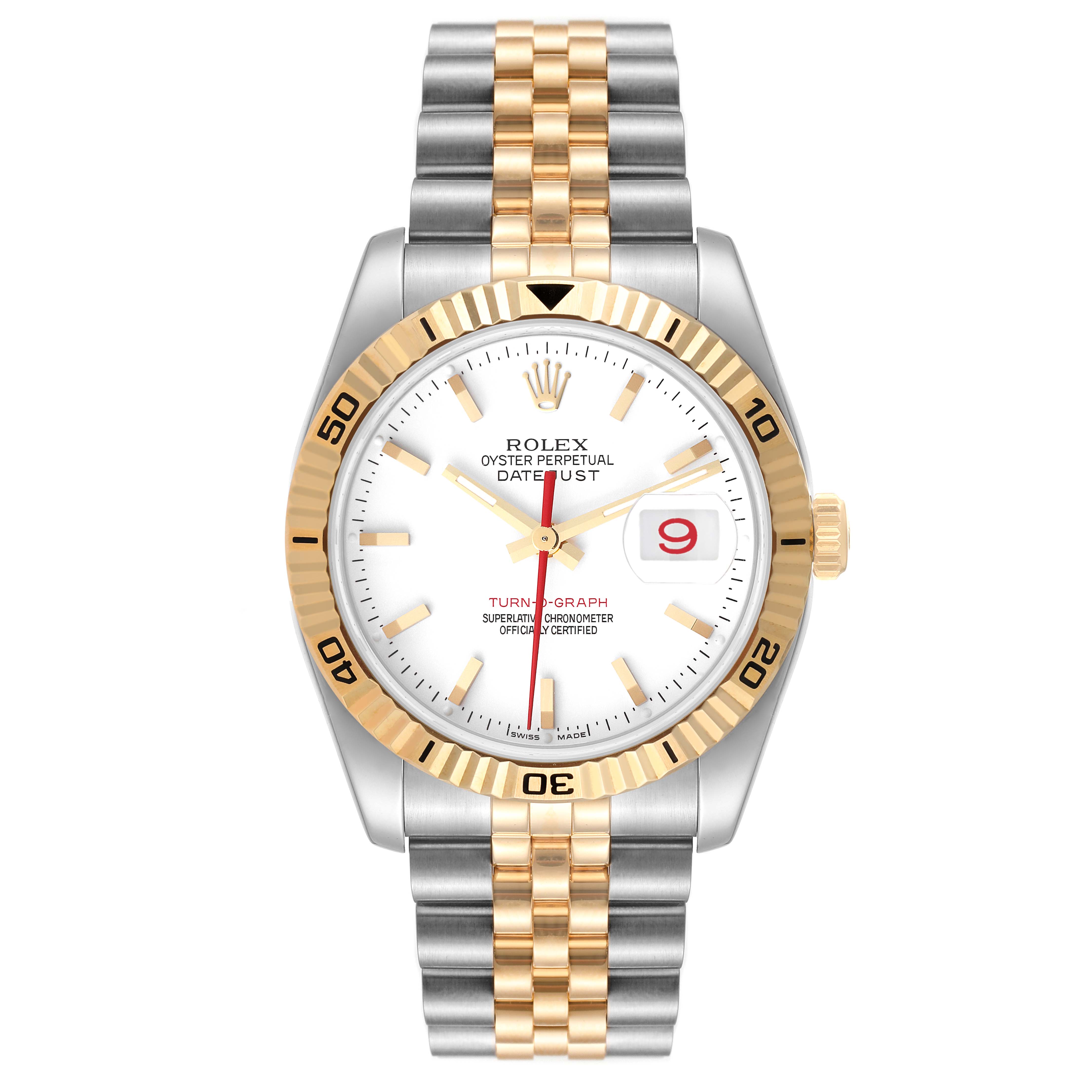 The image shows a front view of a Rolex Turn-o-Graph 116263 Men's Steel and Gold (two tone) White Dial 116263 Men's Steel and Gold (two tone) White Dial watch, highlighting the bezel, dial, bracelet, and date display.