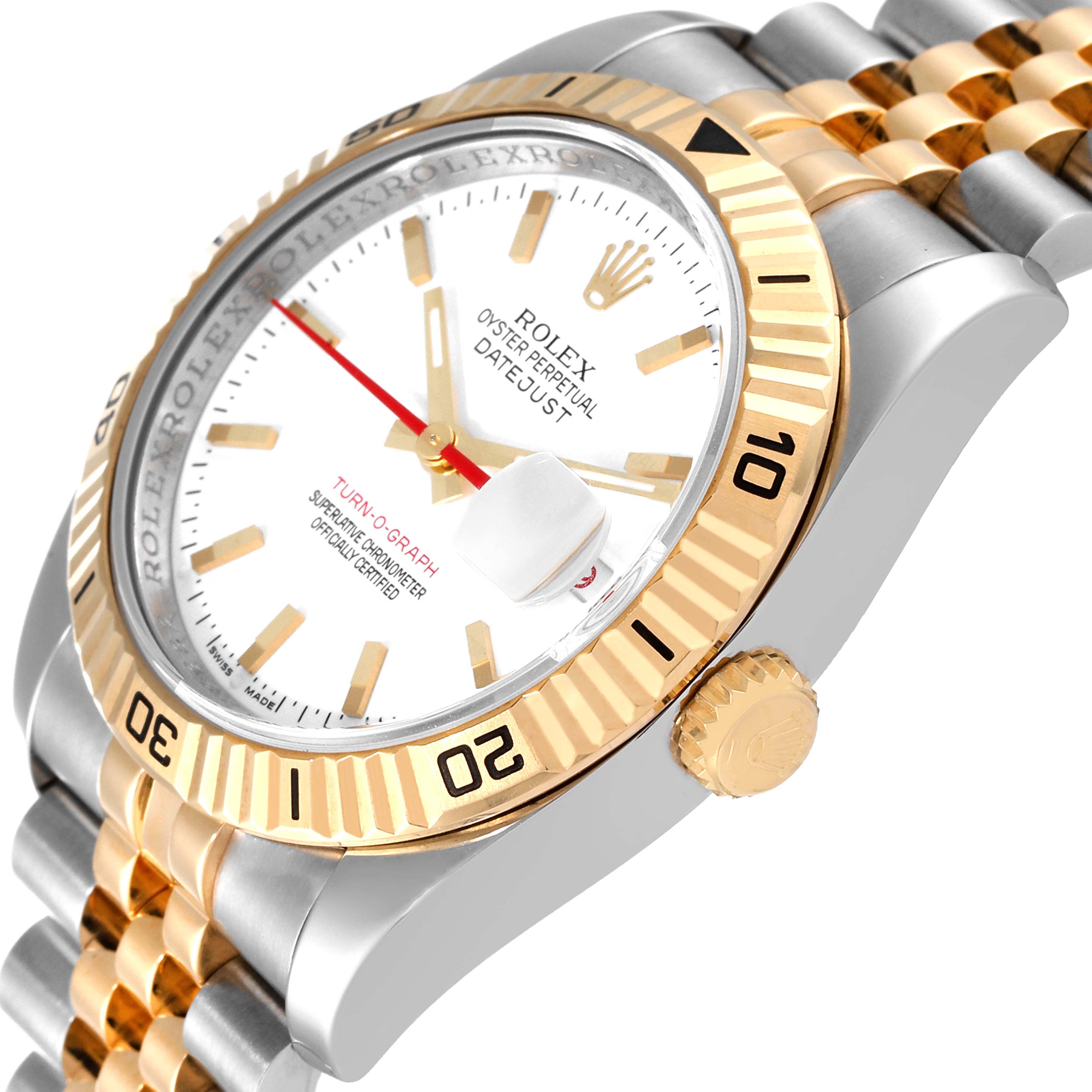 The image shows a close-up side angle of the Rolex Turn-o-Graph 116263 Men's Steel and Gold (two tone) White Dial 116263 Men's Steel and Gold (two tone) White Dial watch, highlighting its bezel, dial, and bracelet.
