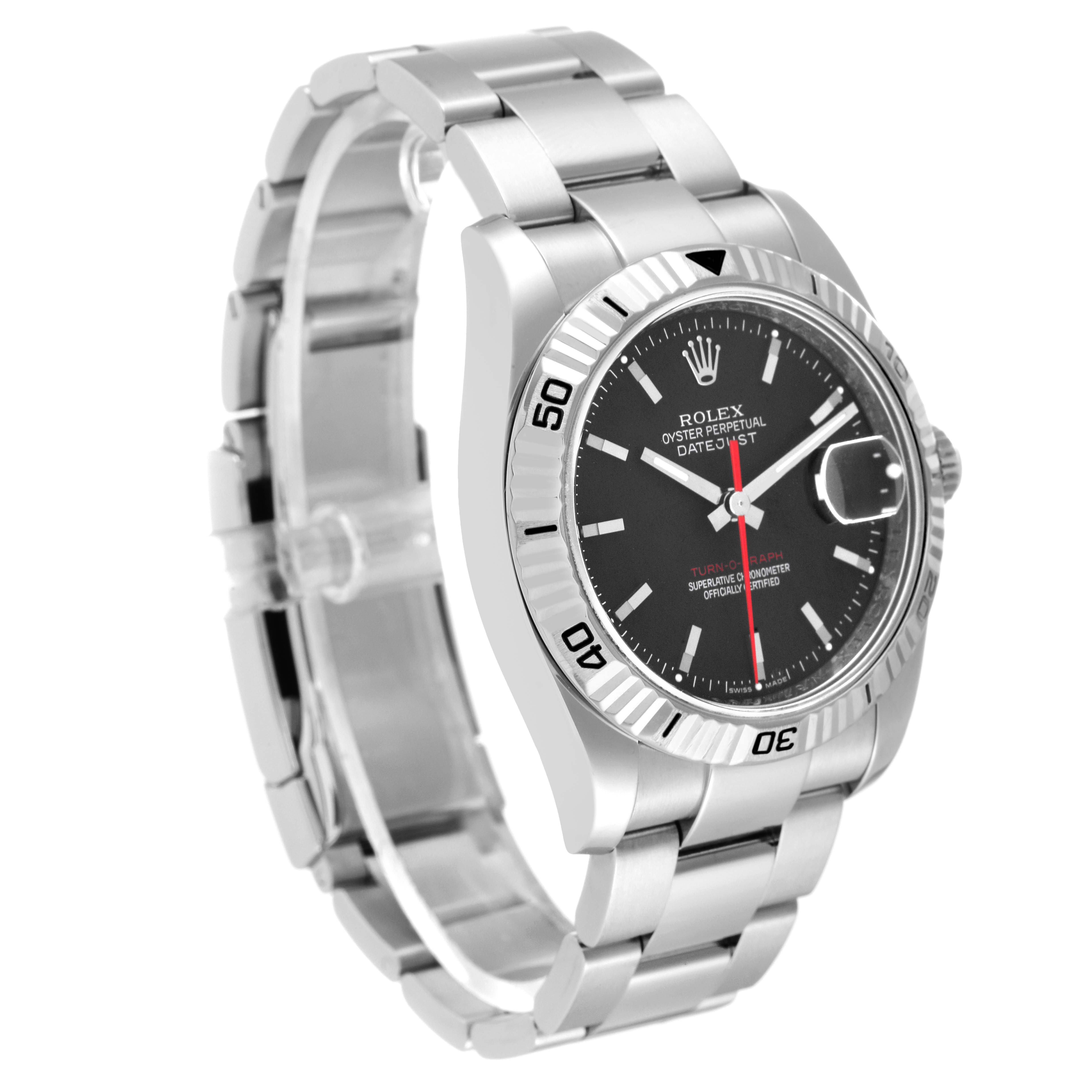 The image shows a Rolex Turn-o-Graph 116264 Men's Stainless Steel Black Dial 116264 Men's Stainless Steel Black Dial watch angled to display its face, stainless steel bracelet, and numbered bezel.