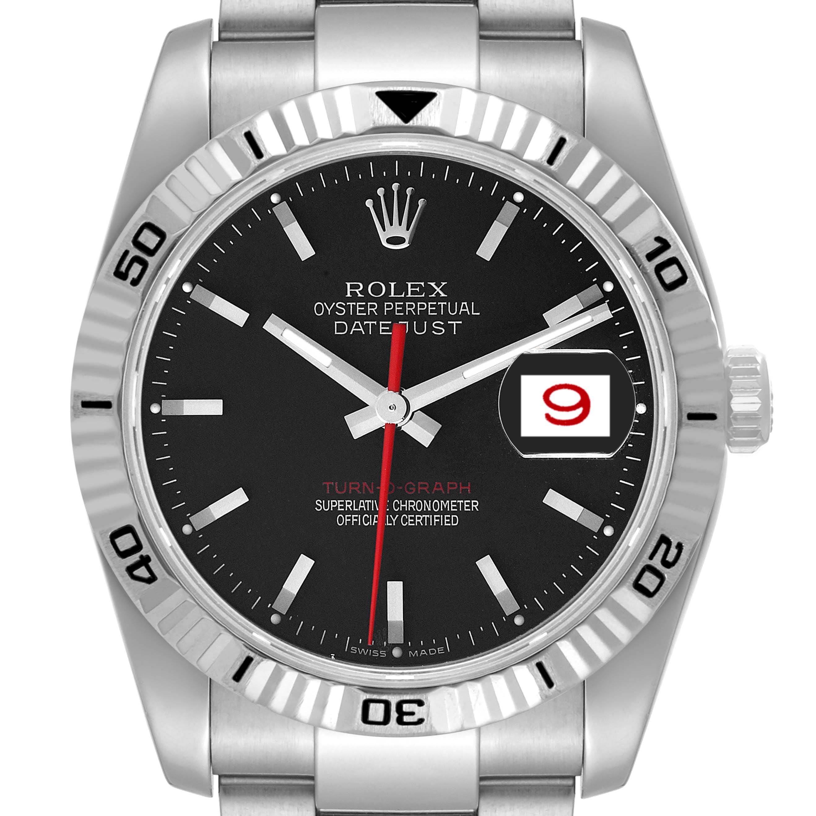 The image shows a front view of a Rolex Turn-o-Graph 116264 Men's Stainless Steel Black Dial 116264 Men's Stainless Steel Black Dial watch, highlighting its dial, bezel, date display, and part of the bracelet.