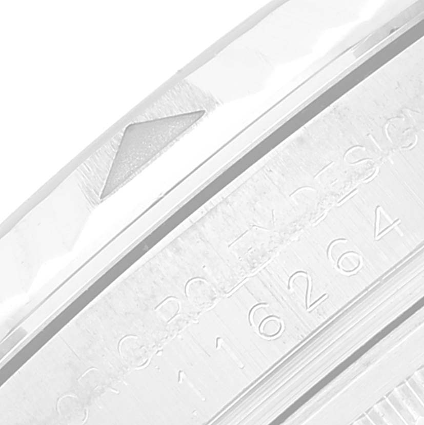 This close-up image shows the engraved bezel and model number of the Rolex Turn-o-Graph 116264 Men's Stainless Steel Black Dial 116264 Men's Stainless Steel Black Dial watch.