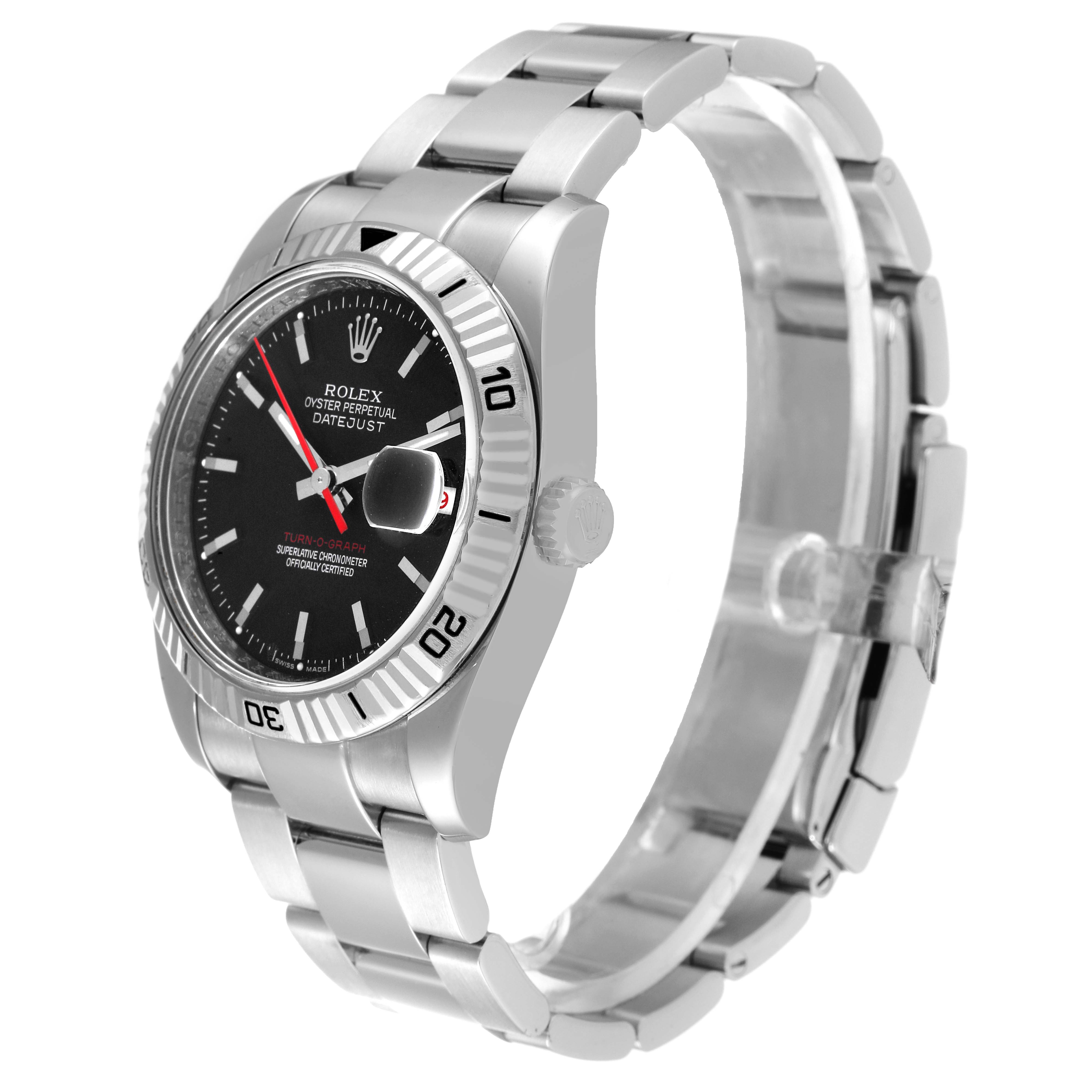 The Rolex Turn-o-Graph 116264 Men's Stainless Steel Black Dial 116264 Men's Stainless Steel Black Dial watch is shown at a three-quarter side angle, highlighting the bezel, dial, bracelet, and crown.
