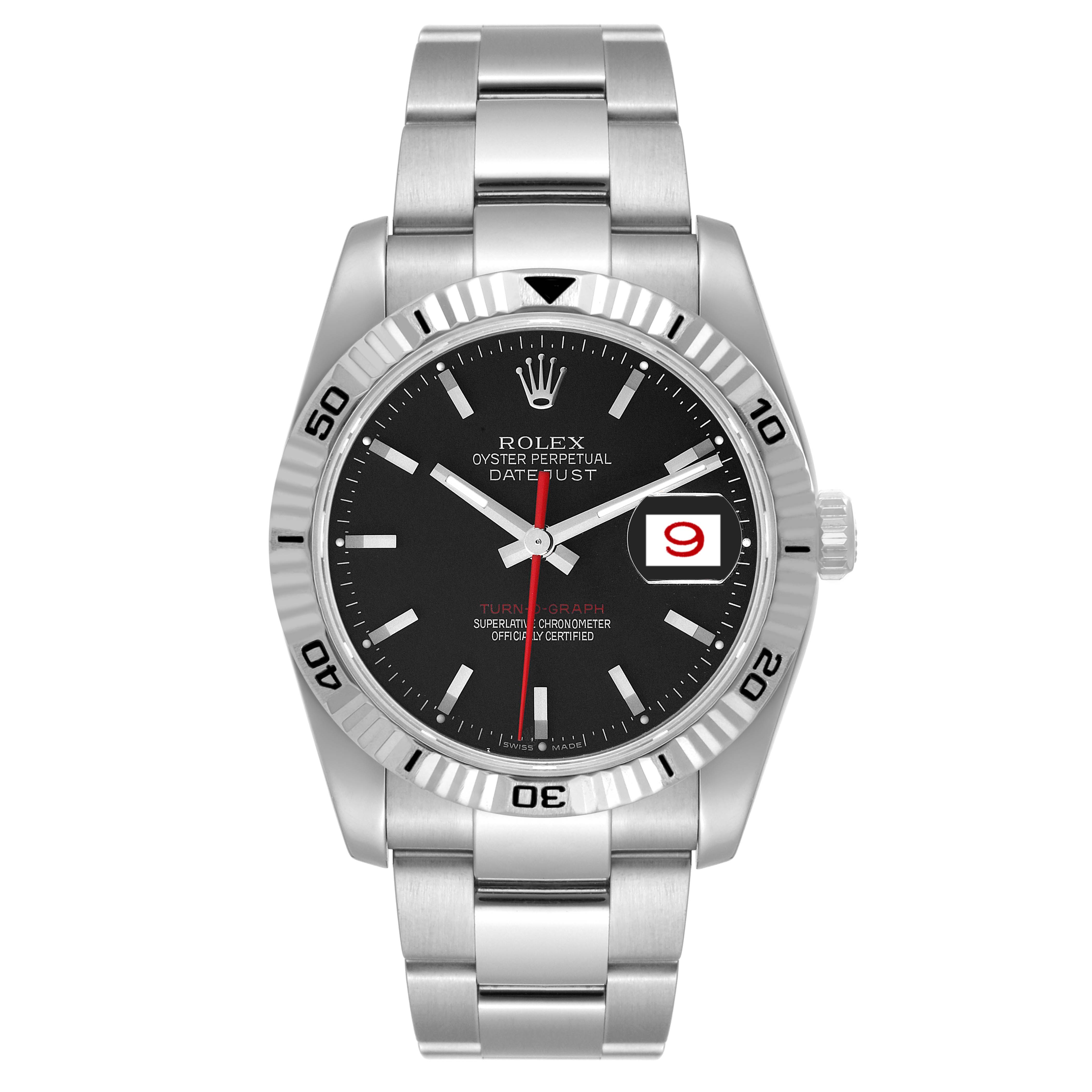 The image shows a front view of the Rolex Turn-o-Graph 116264 Men's Stainless Steel Black Dial 116264 Men's Stainless Steel Black Dial watch, displaying its face, crown, and bracelet.