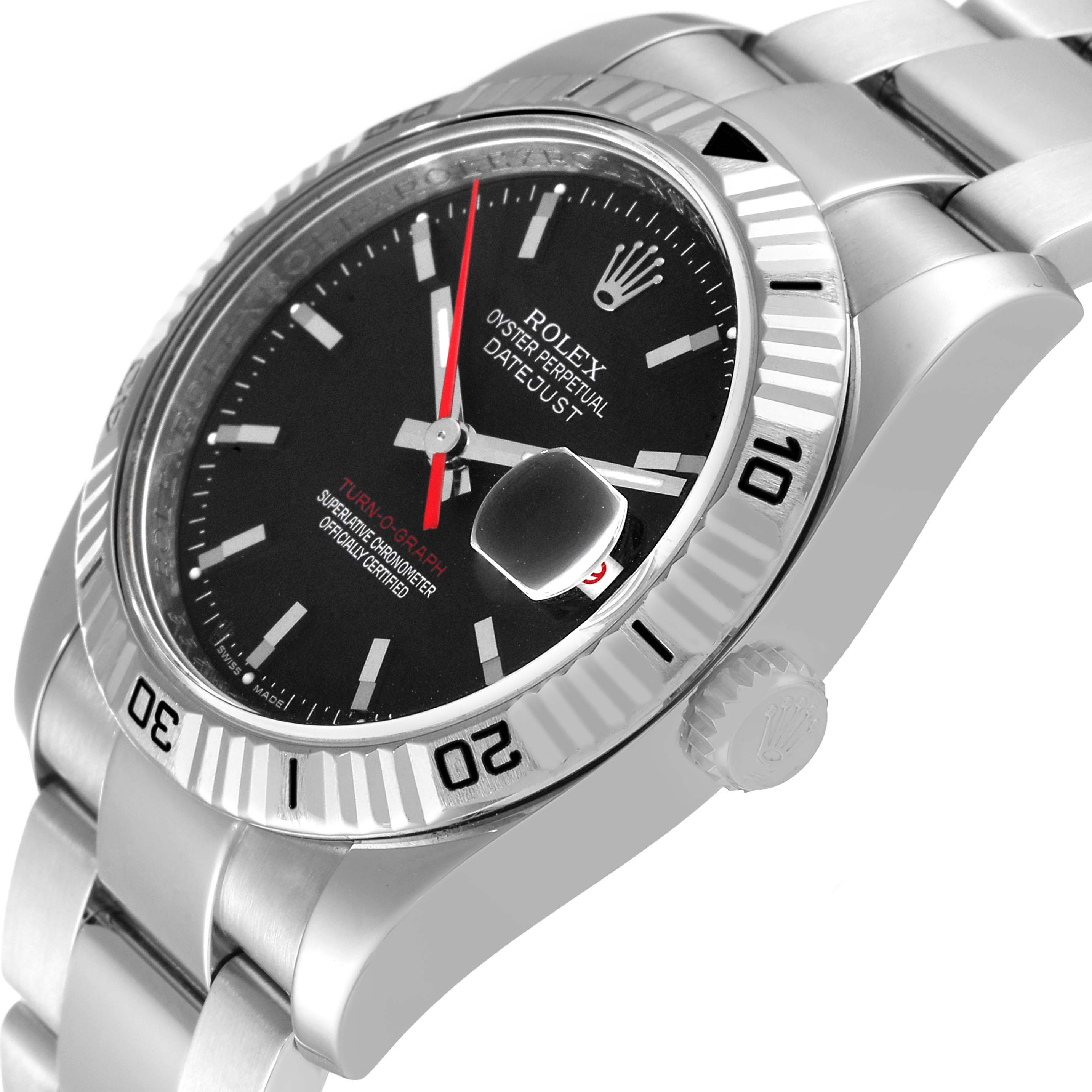The image shows a Rolex Turn-o-Graph 116264 Men's Stainless Steel Black Dial 116264 Men's Stainless Steel Black Dial watch from a side angle, highlighting the face, bezel, and part of the bracelet.