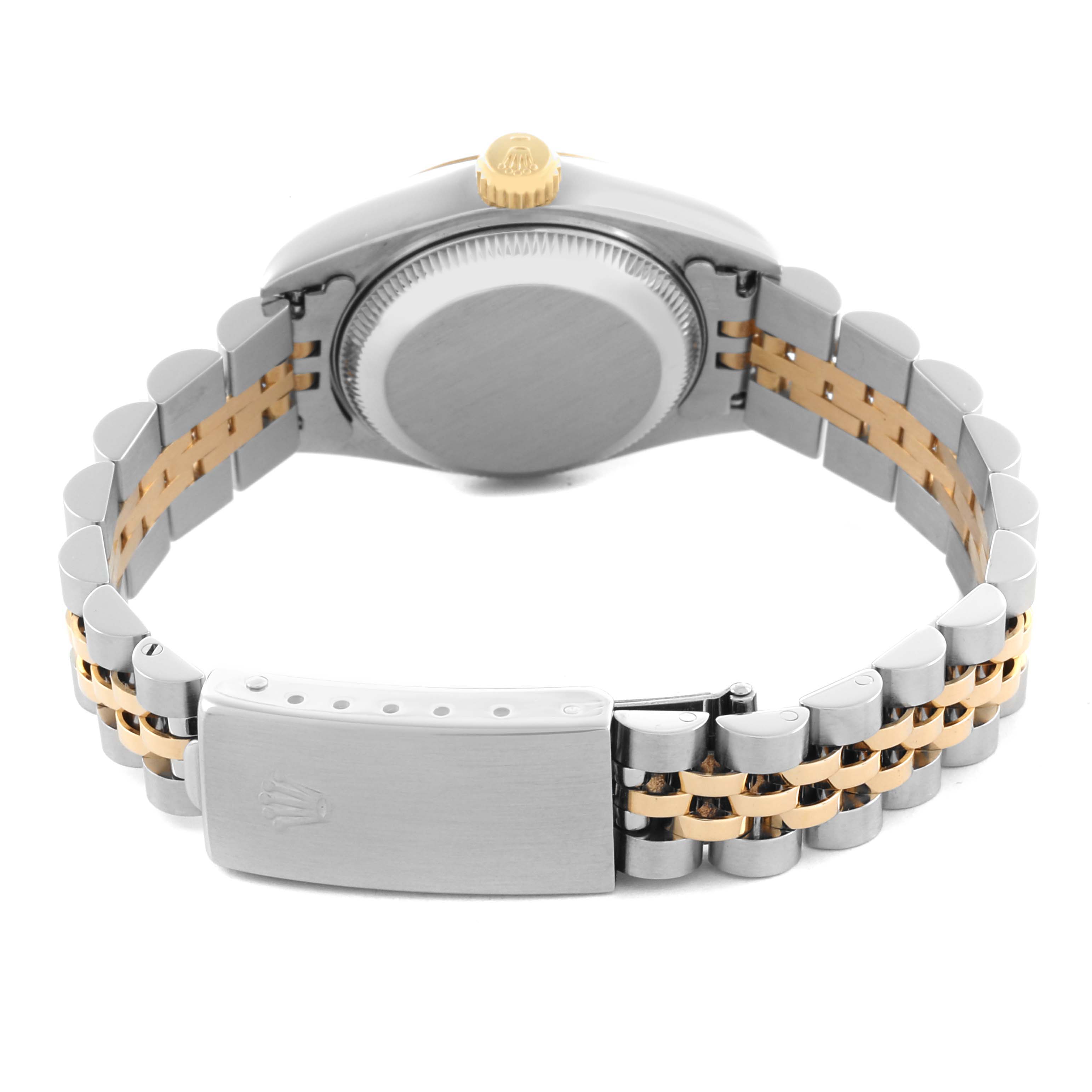 This image shows the back view of a Rolex Datejust 69173 Women's Steel and Gold (two tone) White Dial 69173 Women's Steel and Gold (two tone) White Dial watch, highlighting the case back, crown, and bracelet clasp.