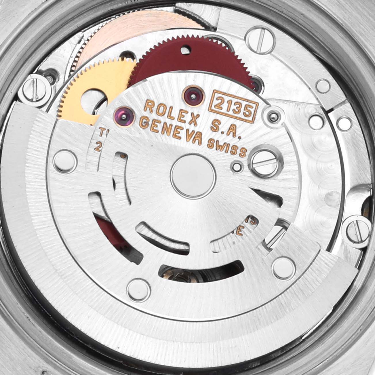 The image shows the Rolex Datejust 69173 Women's Steel and Gold (two tone) White Dial 69173 Women's Steel and Gold (two tone) White Dial movement from a top view, featuring gears and the rotor labeled "Rolex S.A. Geneva Swiss."