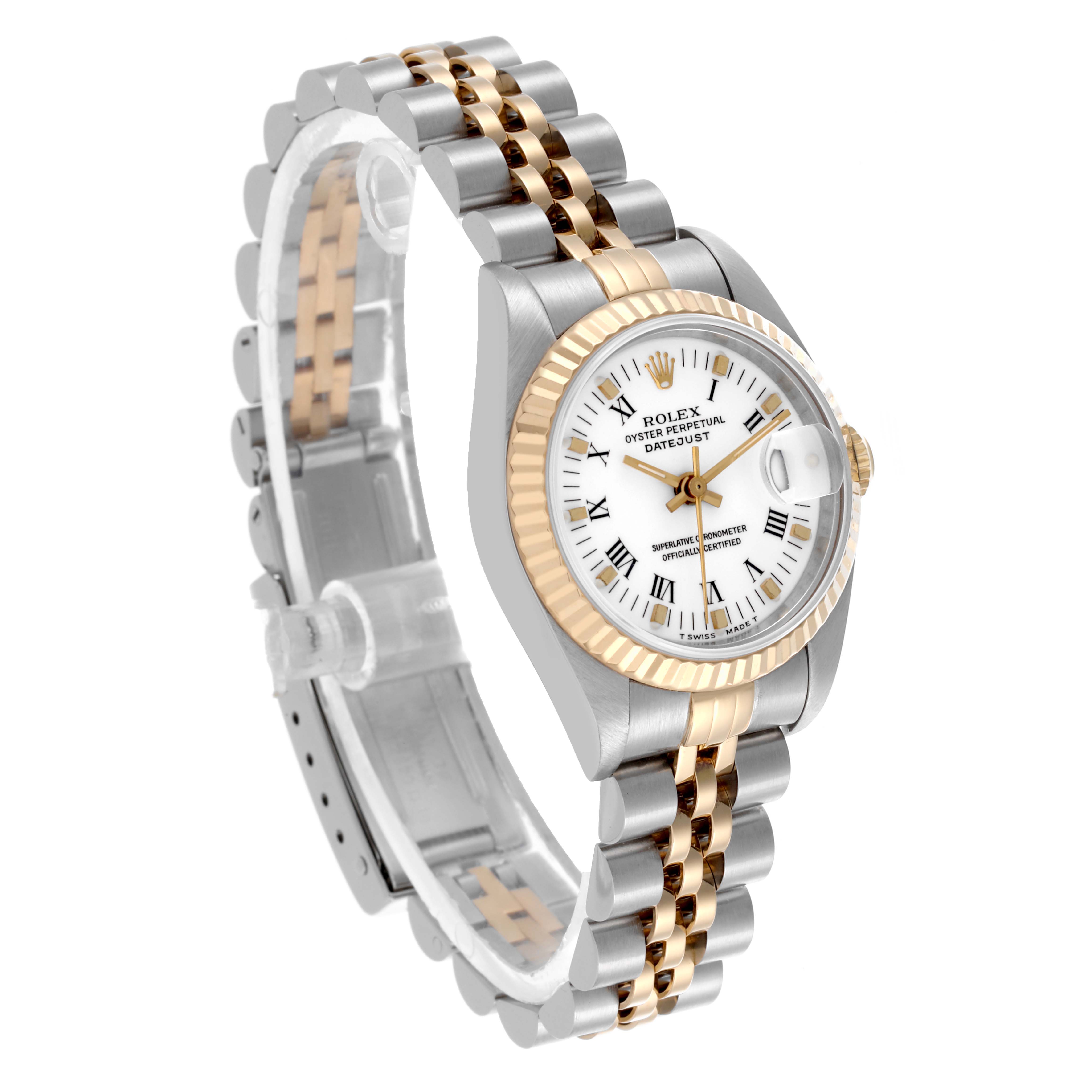 The Rolex Datejust 69173 Women's Steel and Gold (two tone) White Dial 69173 Women's Steel and Gold (two tone) White Dial watch is shown at a three-quarter angle, featuring the bracelet, dial, fluted bezel, and crown.