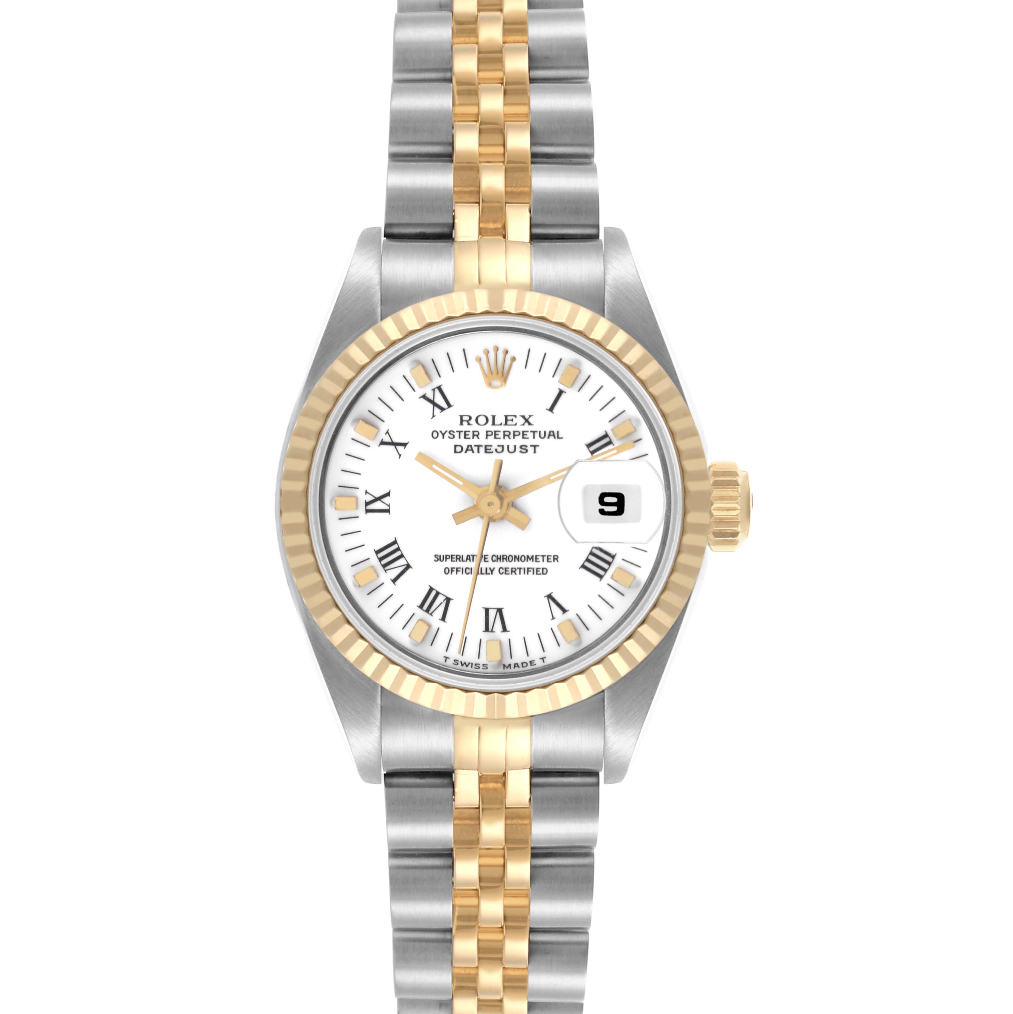 The Rolex Datejust 69173 Women's Steel and Gold (two tone) White Dial 69173 Women's Steel and Gold (two tone) White Dial watch is shown from the front, displaying the dial, fluted bezel, and two-tone bracelet.