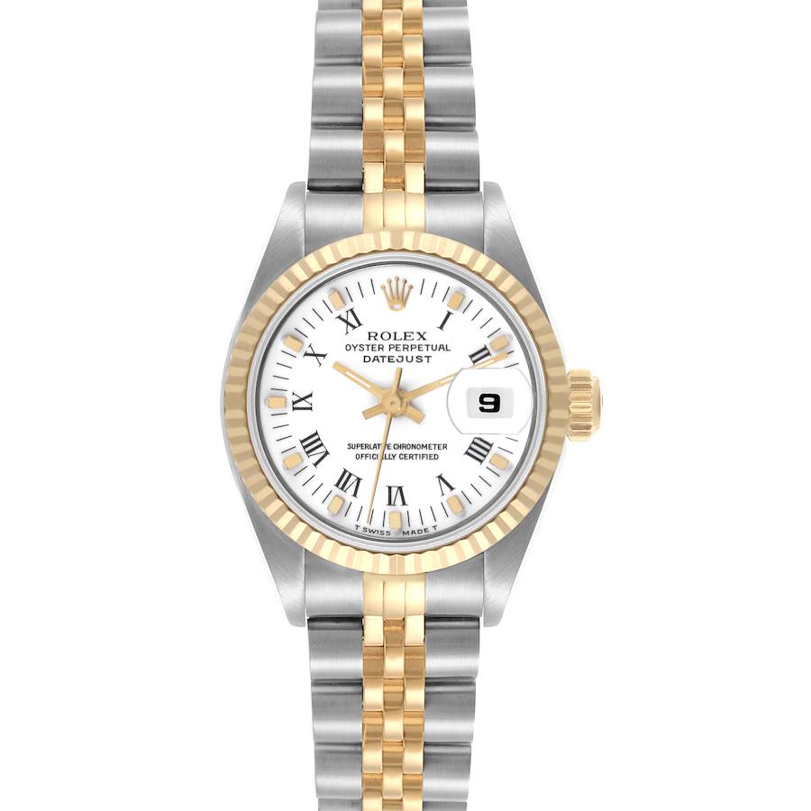 The Rolex Datejust watch is shown from the front, displaying the dial, fluted bezel, and two-tone bracelet.