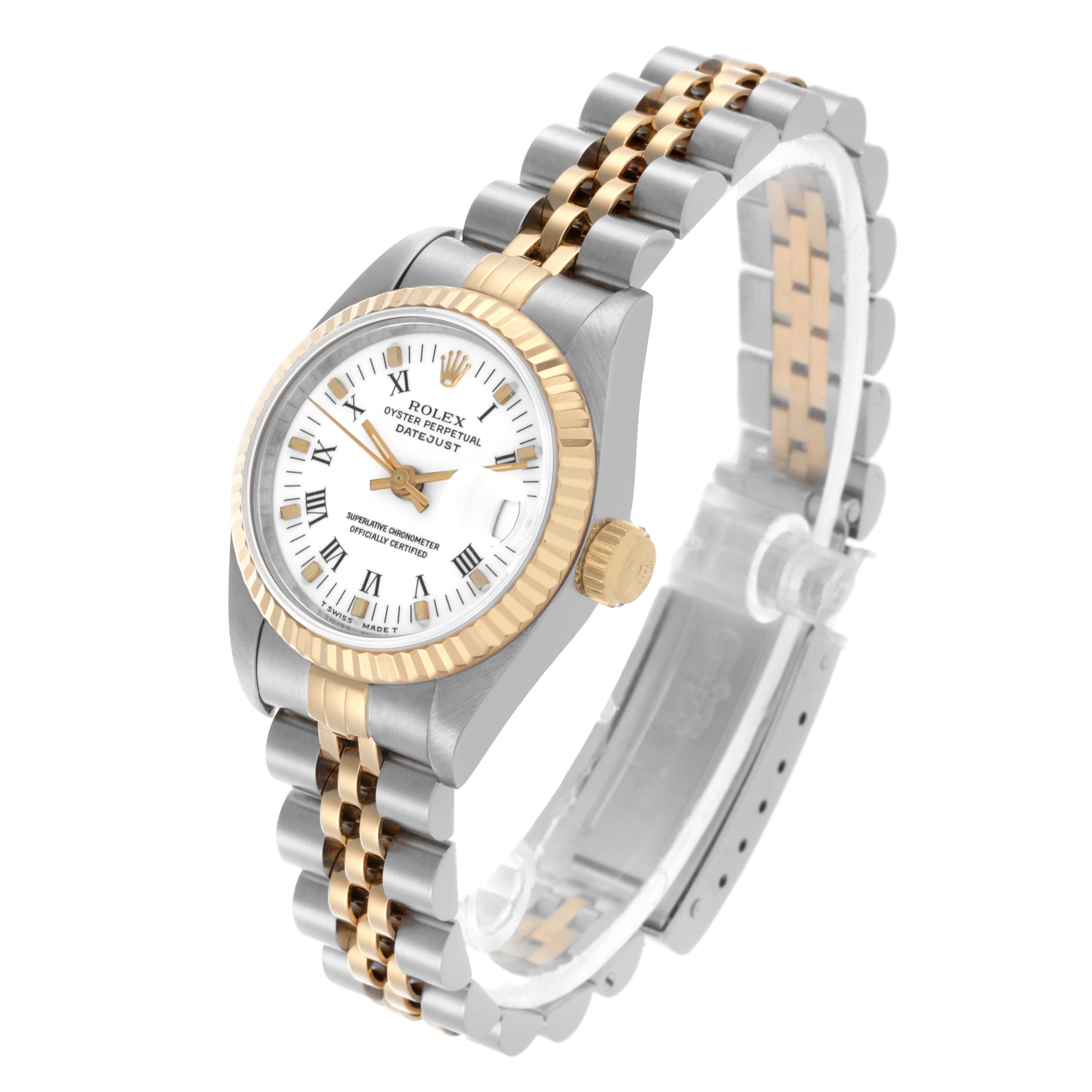 The Rolex Datejust 69173 Women's Steel and Gold (two tone) White Dial 69173 Women's Steel and Gold (two tone) White Dial watch is shown at a three-quarter angle, highlighting the dial, bezel, crown, and two-tone Jubilee bracelet.