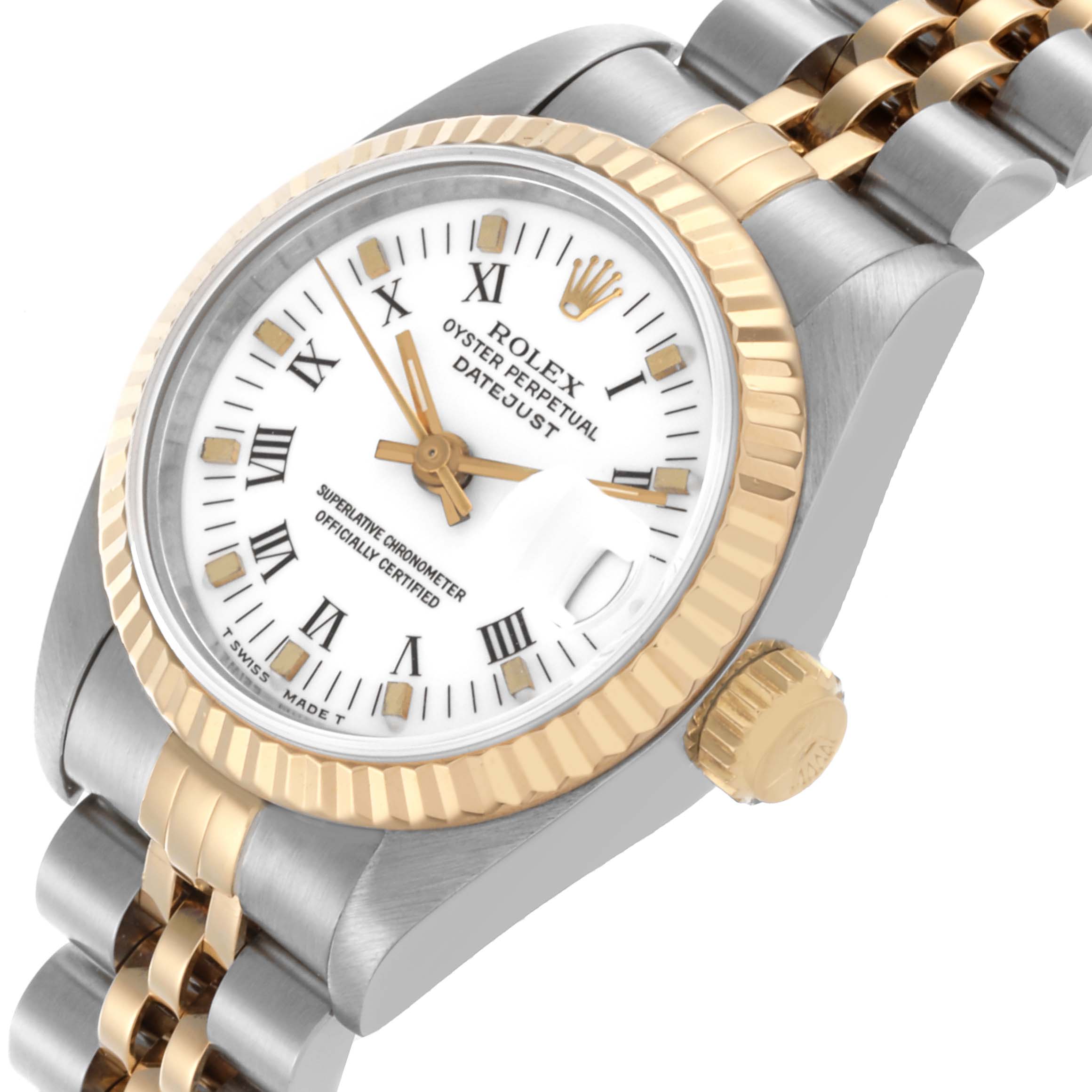 The Rolex Datejust 69173 Women's Steel and Gold (two tone) White Dial 69173 Women's Steel and Gold (two tone) White Dial watch is shown at an angled view, highlighting the fluted bezel, dial, crown, and two-tone bracelet.