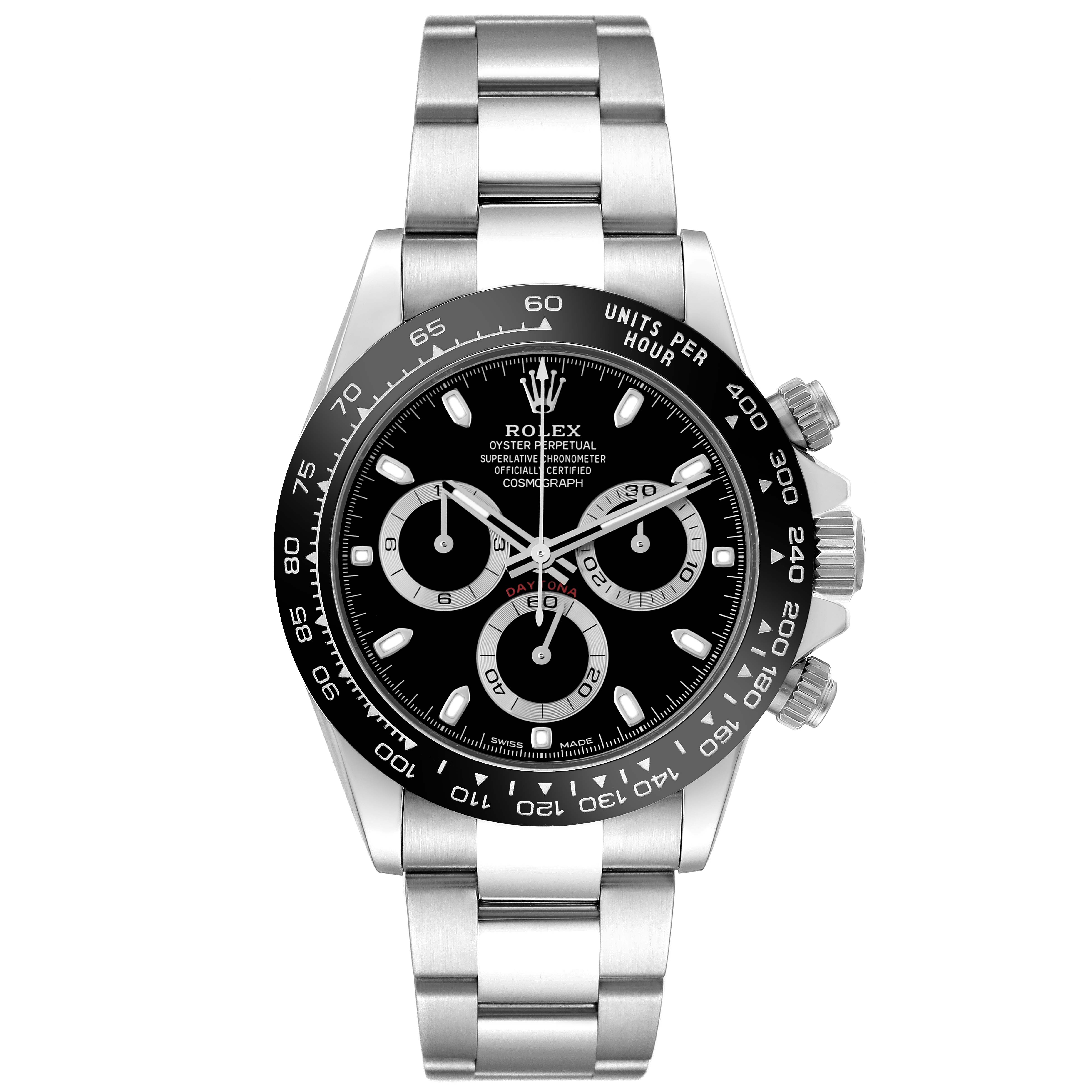 The Rolex Daytona 116500LN Men's Stainless Steel Black Dial 116500LN Men's Stainless Steel Black Dial watch is shown from the front, displaying its face, bezel, and bracelet.