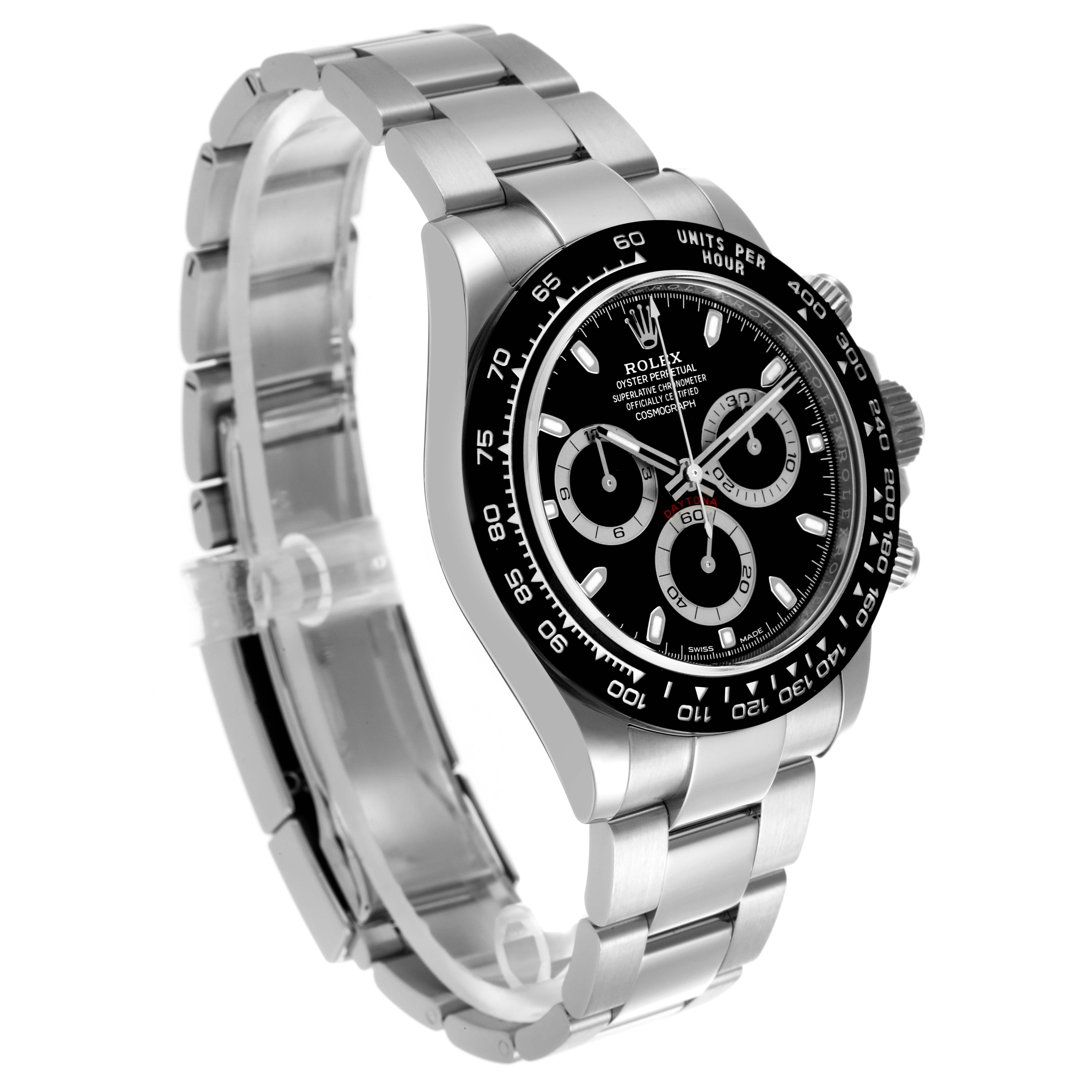 The Rolex Daytona 116500LN Men's Stainless Steel Black Dial 116500LN Men's Stainless Steel Black Dial watch is shown at a three-quarter angle featuring the dial, bezel, and bracelet.