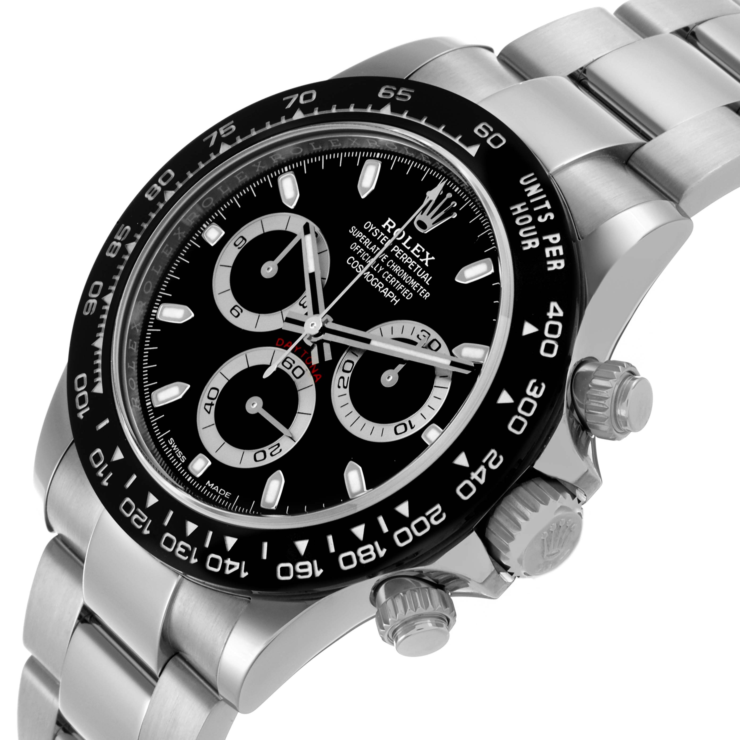 The Rolex Daytona 116500LN Men's Stainless Steel Black Dial 116500LN Men's Stainless Steel Black Dial watch is shown at an angled view, displaying the face, bezel, crown, and part of the bracelet.